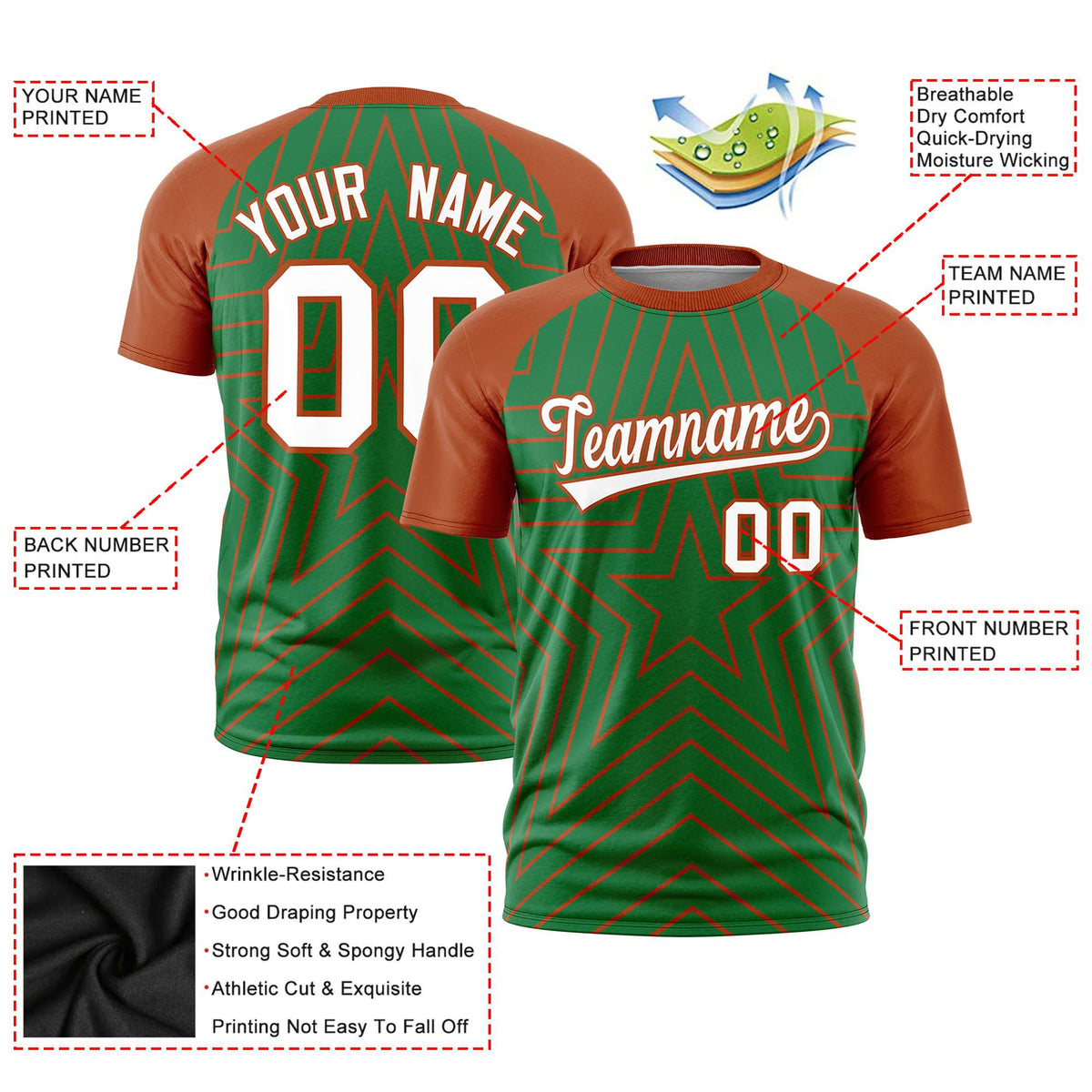 Custom Kelly Green Munsell Personalized Star Pattern Raglan Sleeves Performance T-Shirt