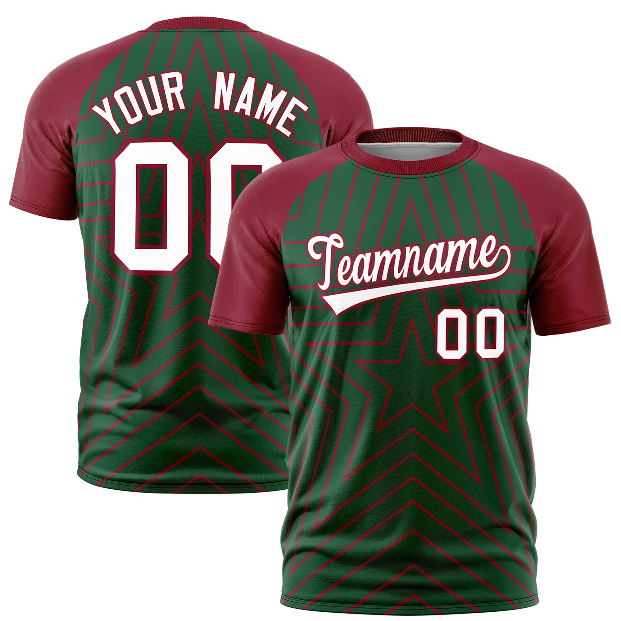 Custom Green Crimson Personalized Star Pattern Raglan Sleeves Performance T-Shirt