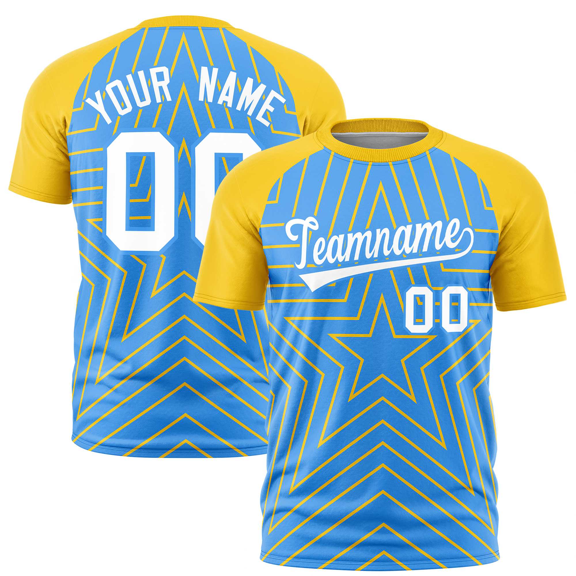 Custom Powder Blue Gold Personalized Star Pattern Raglan Sleeves Performance T-Shirt