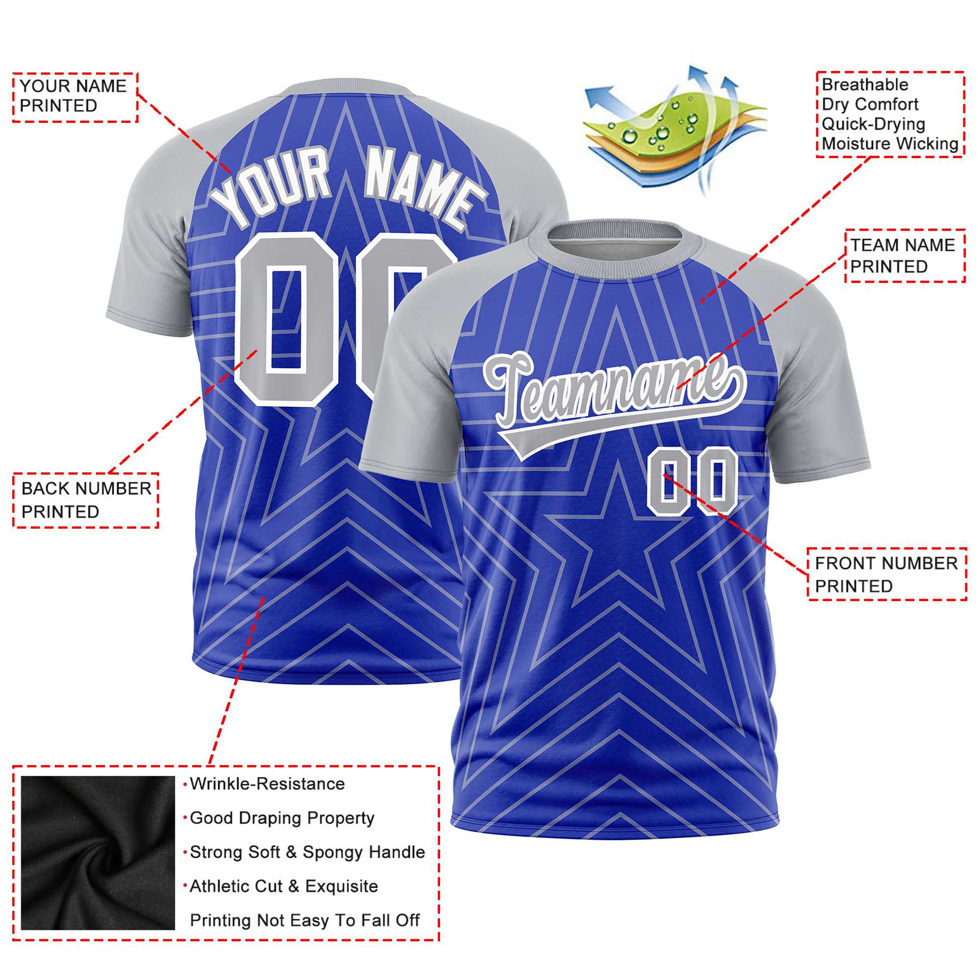 Custom Royal Blue Gray Personalized Star Pattern Raglan Sleeves Performance T-Shirt