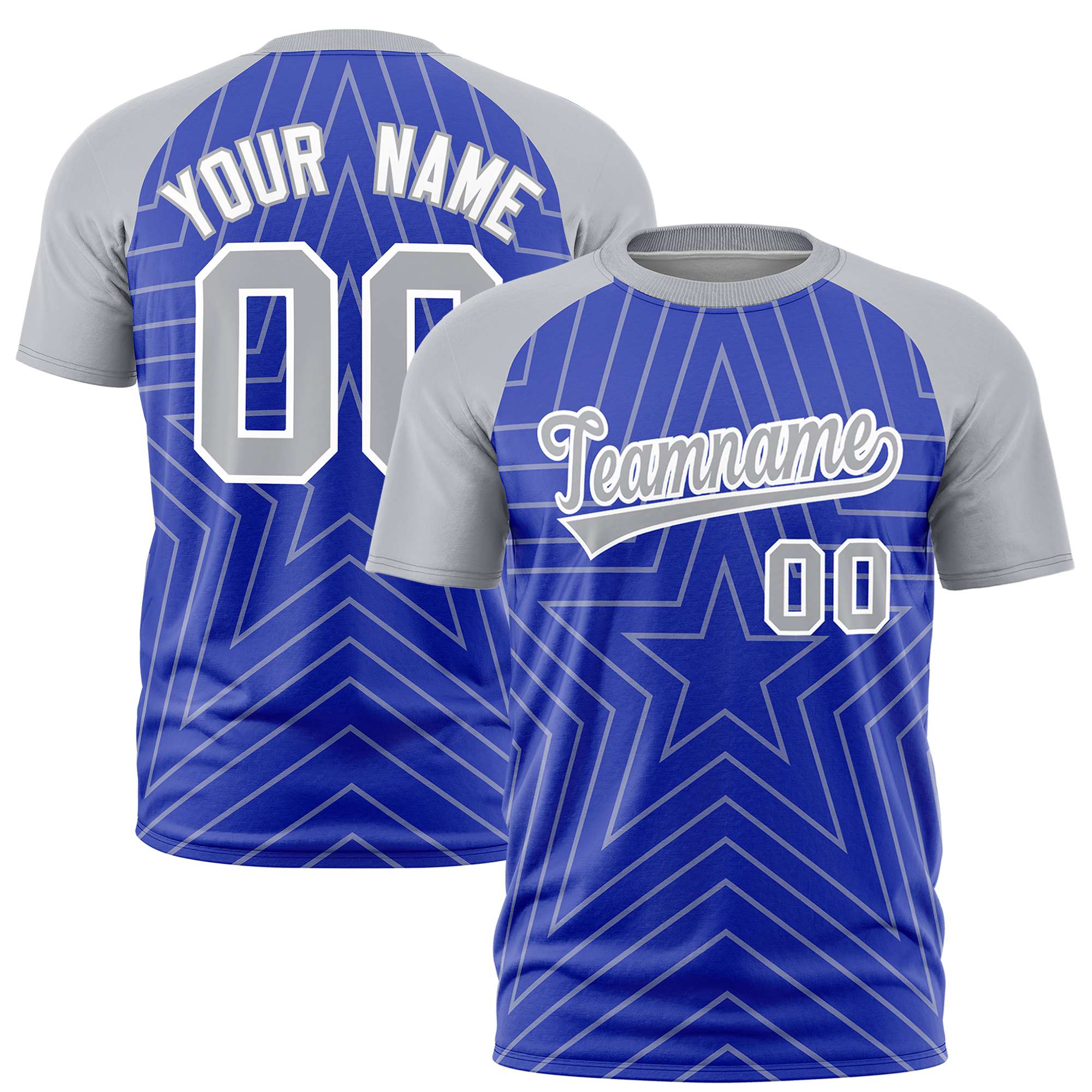 Custom Royal Blue Gray Personalized Star Pattern Raglan Sleeves Performance T-Shirt