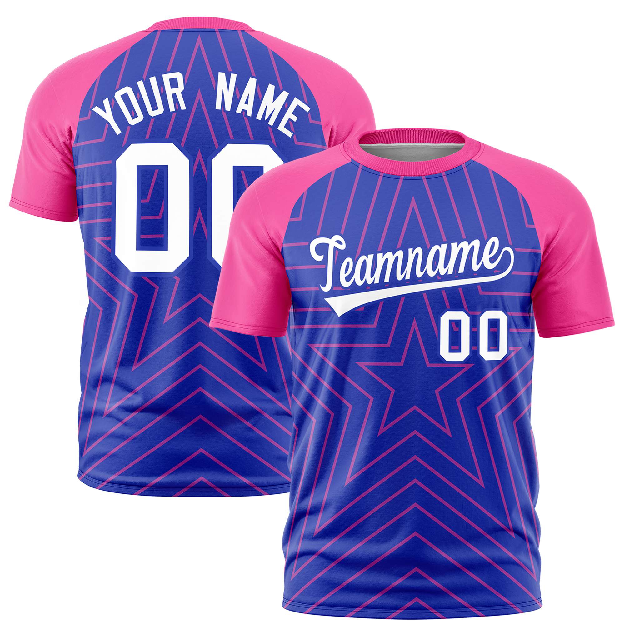 Custom Royal Blue Pink Personalized Star Pattern Raglan Sleeves Performance T-Shirt