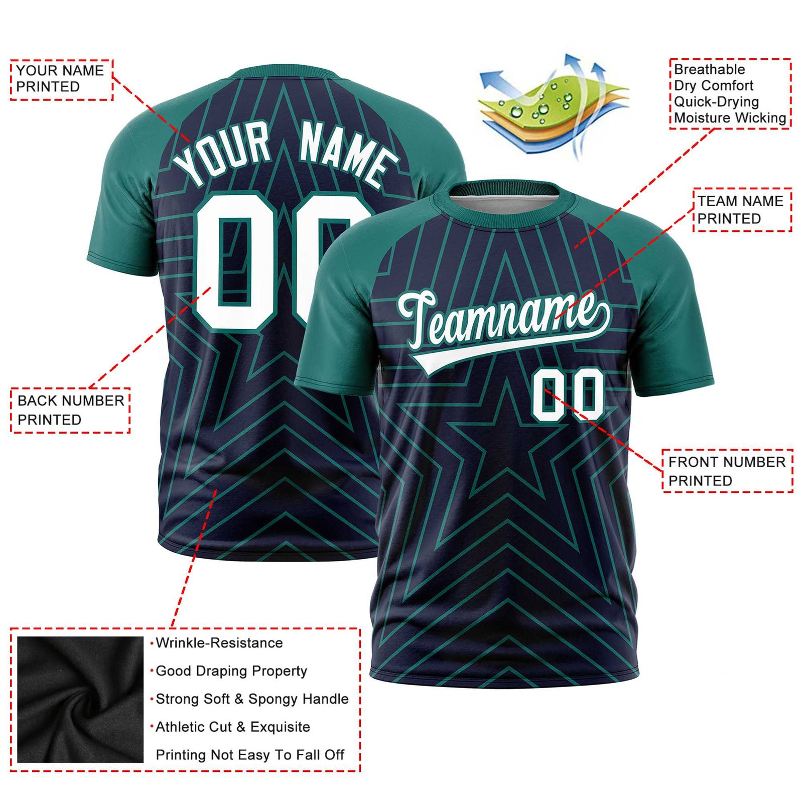 Custom Navy Aqua Personalized Star Pattern Raglan Sleeves Performance T-Shirt