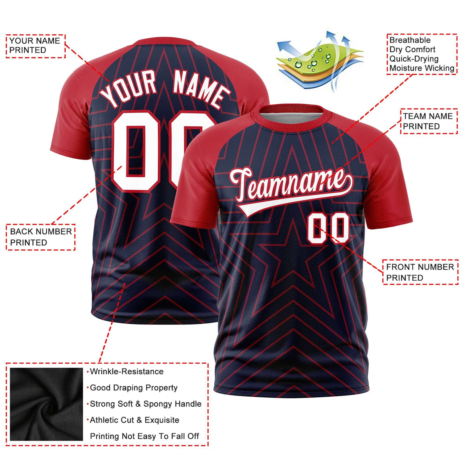 Custom Navy Red Personalized Star Pattern Raglan Sleeves Performance T-Shirt