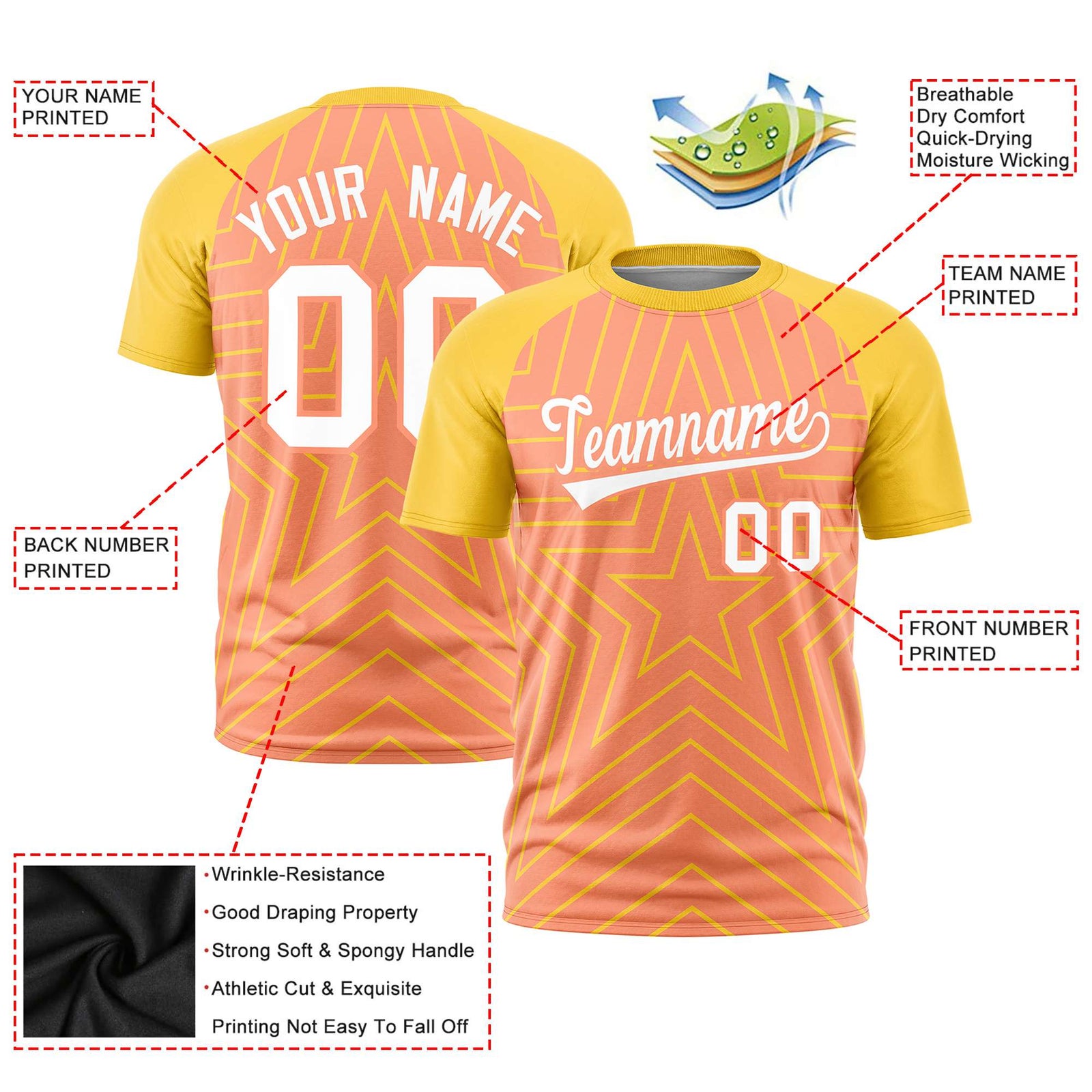 Custom Light Orange Gold Personalized Star Pattern Raglan Sleeves Performance T-Shirt
