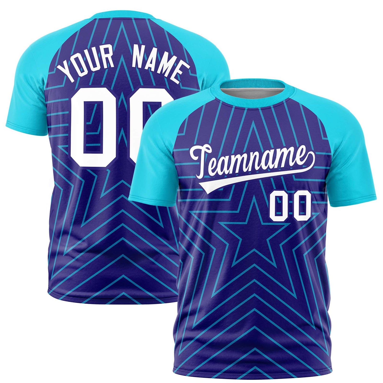 Custom Purple Sky Blue Personalized Star Pattern Raglan Sleeves Performance T-Shirt