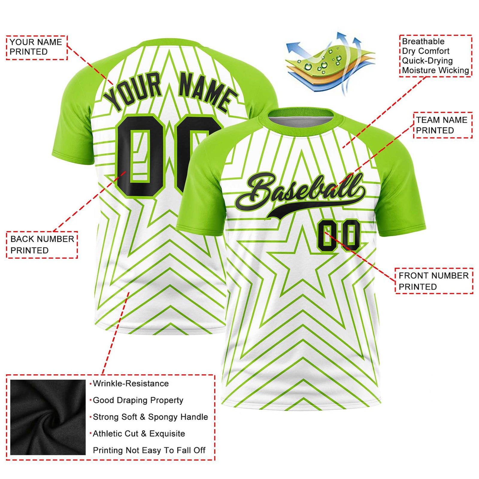 Custom White Neon Green Personalized Star Pattern Raglan Sleeves Performance T-Shirt