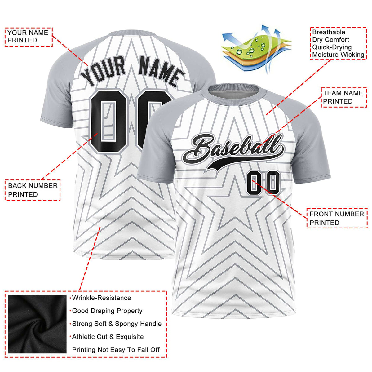 Custom White Gray Personalized Star Pattern Raglan Sleeves Performance T-Shirt