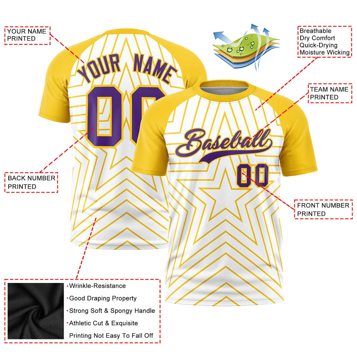 Custom White Gold Personalized Star Pattern Raglan Sleeves Performance T-Shirt