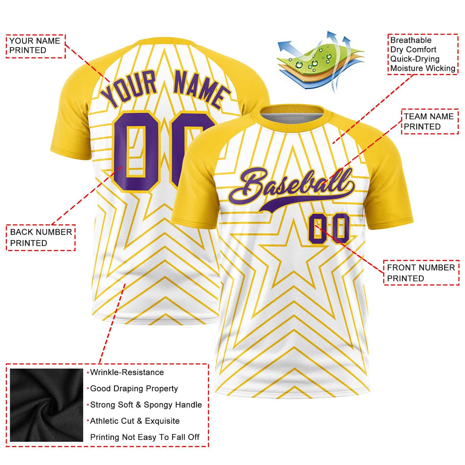 Custom White Gold Personalized Star Pattern Raglan Sleeves Performance T-Shirt