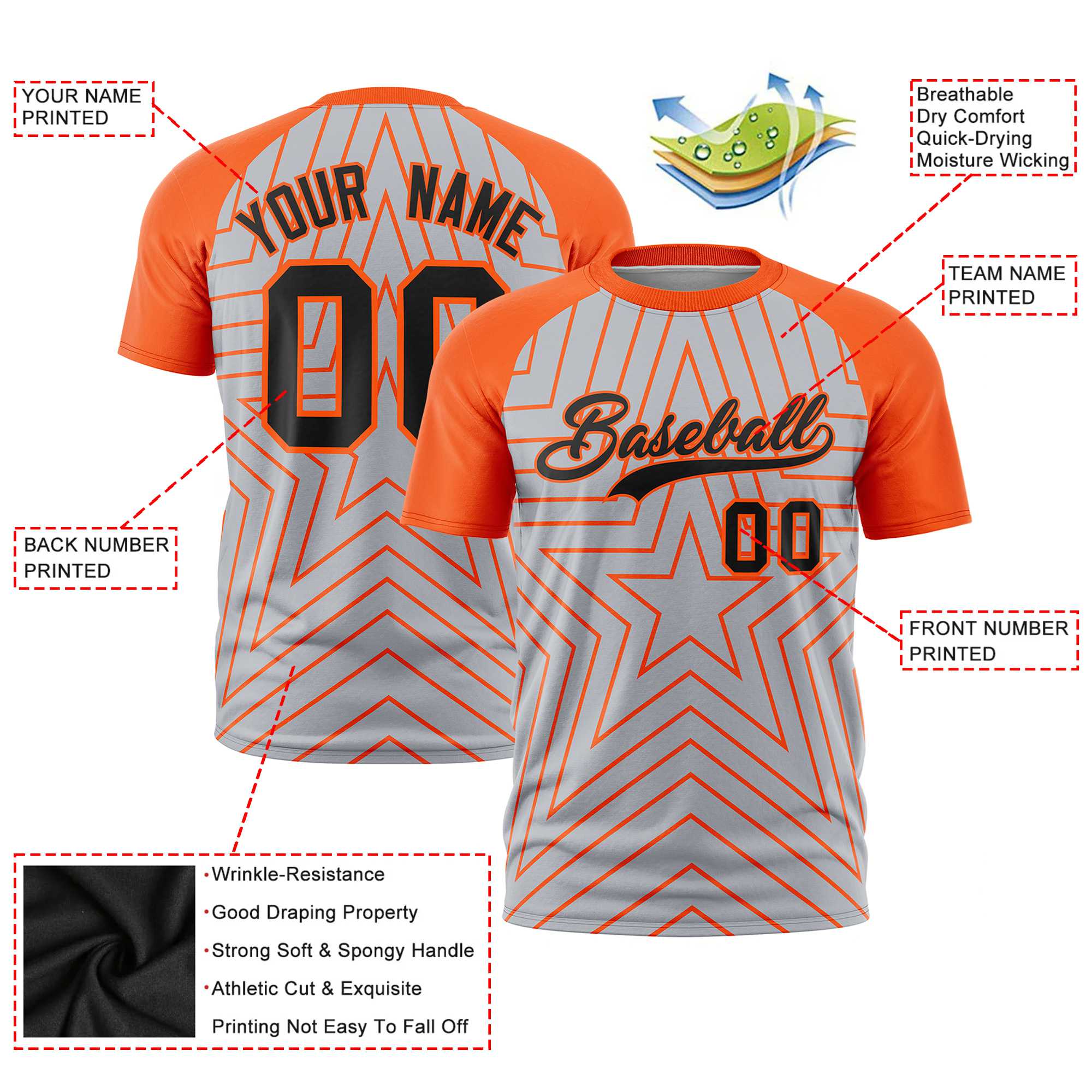 Custom Gray Orange Personalized Star Pattern Raglan Sleeves Performance T-Shirt