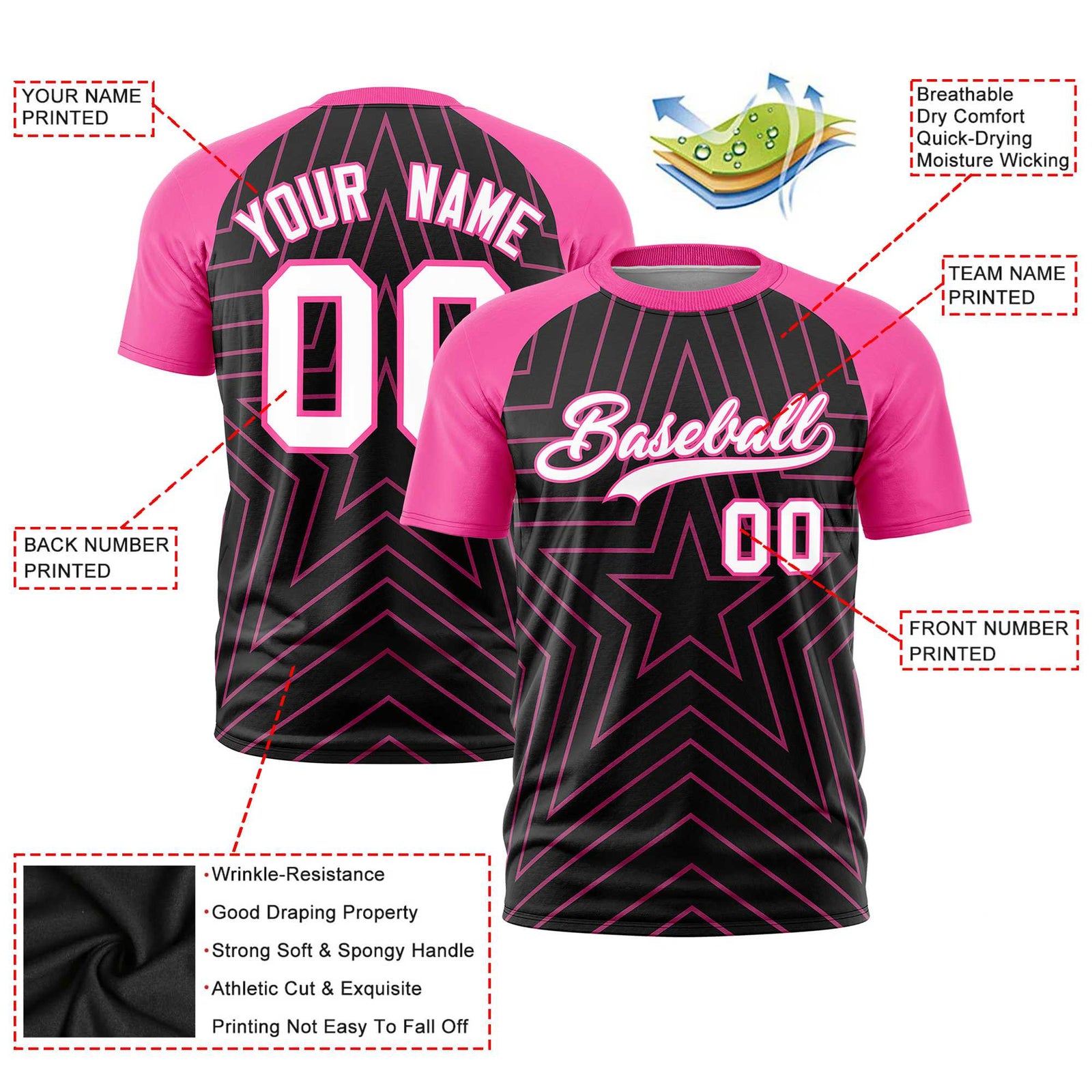 Custom Black Pink Personalized Star Pattern Raglan Sleeves Performance T-Shirt