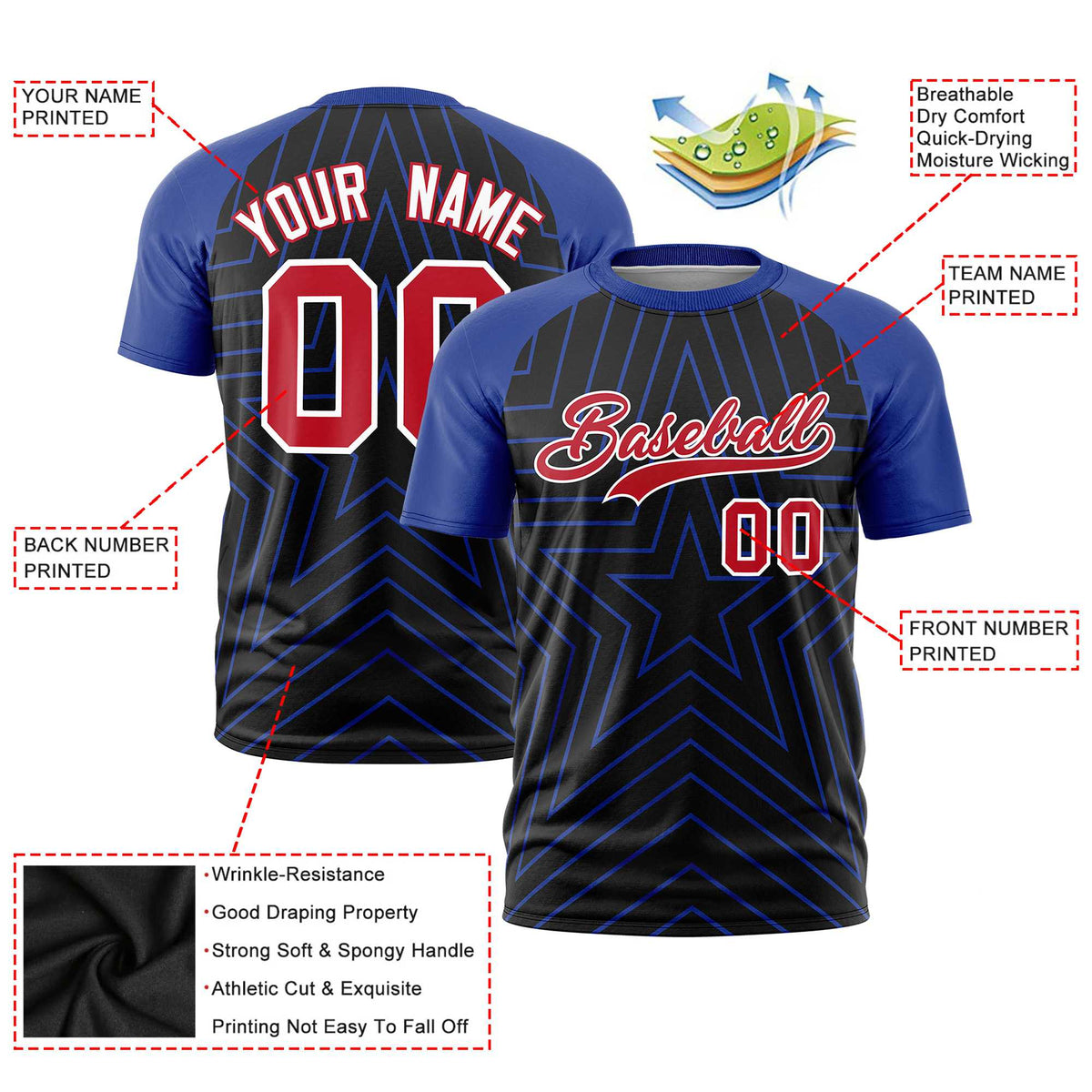 Custom Black Royal Blue Personalized Star Pattern Raglan Sleeves Performance T-Shirt