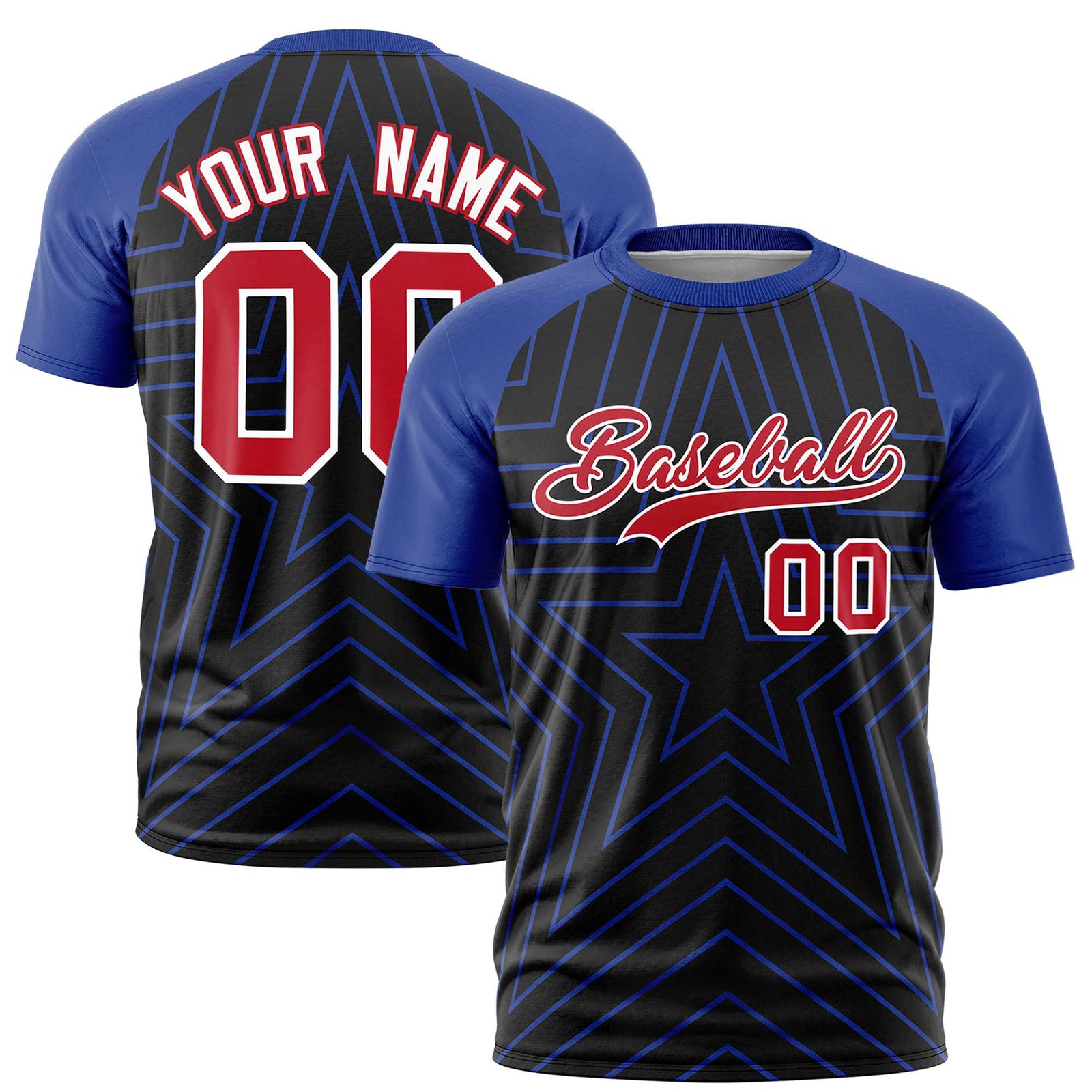 Custom Black Royal Blue Personalized Star Pattern Raglan Sleeves Performance T-Shirt