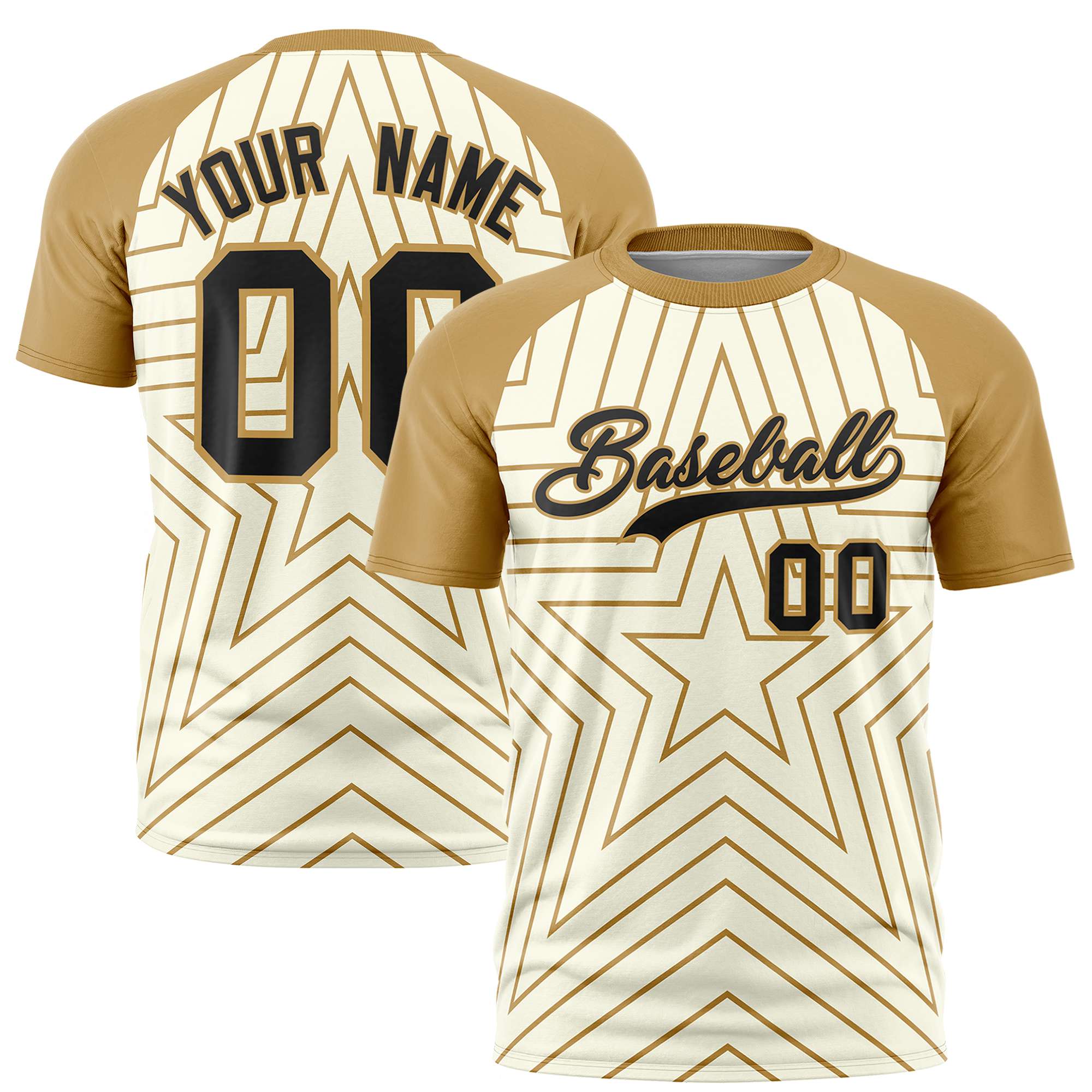 Custom Khaki Old Gold Personalized Star Pattern Raglan Sleeves Performance T-Shirt