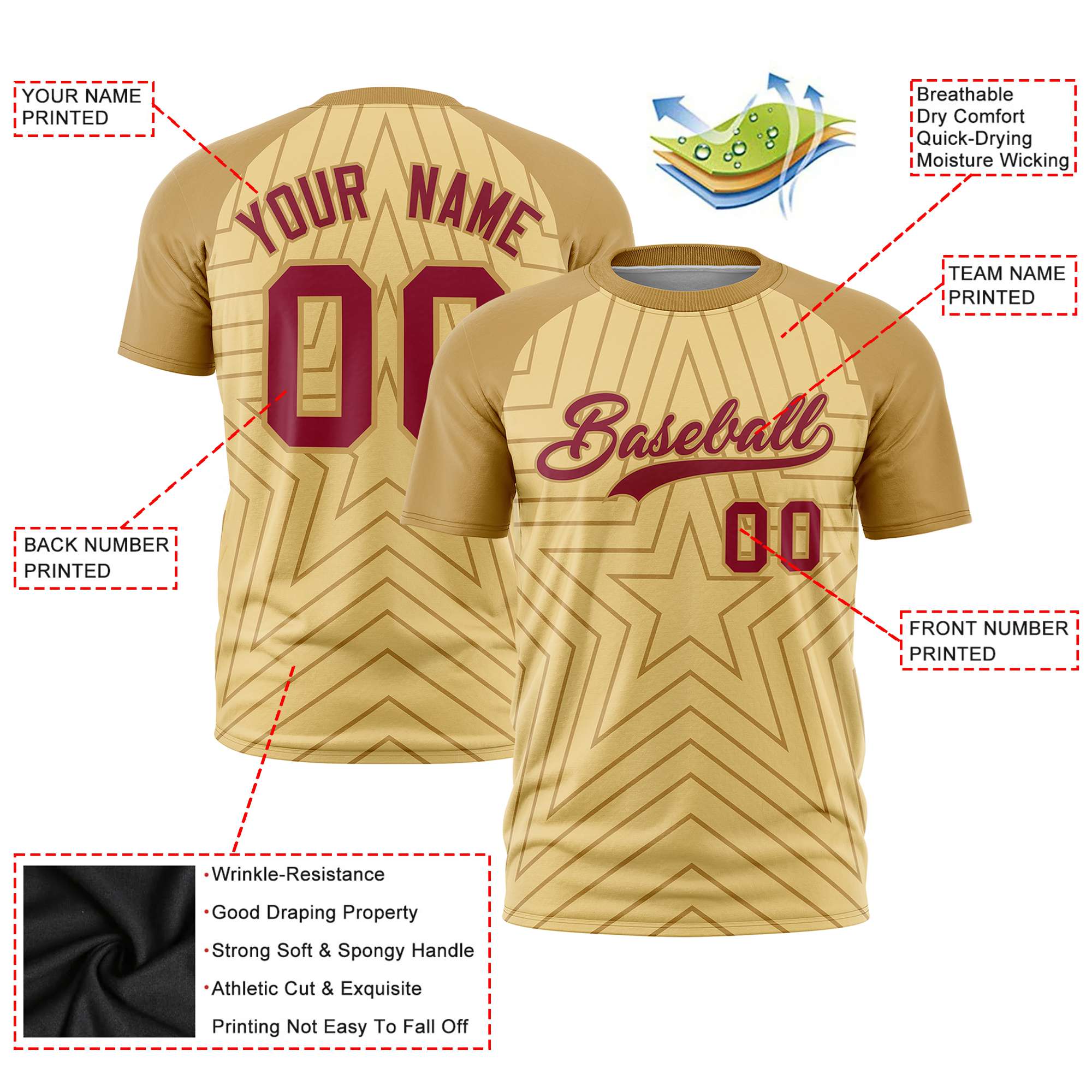 Custom Khaki Old Gold Personalized Star Pattern Raglan Sleeves Performance T-Shirt