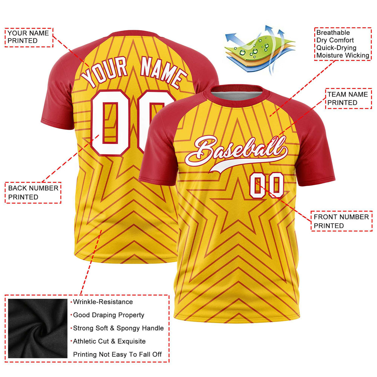 Custom Gold Red Personalized Star Pattern Raglan Sleeves Performance T-Shirt