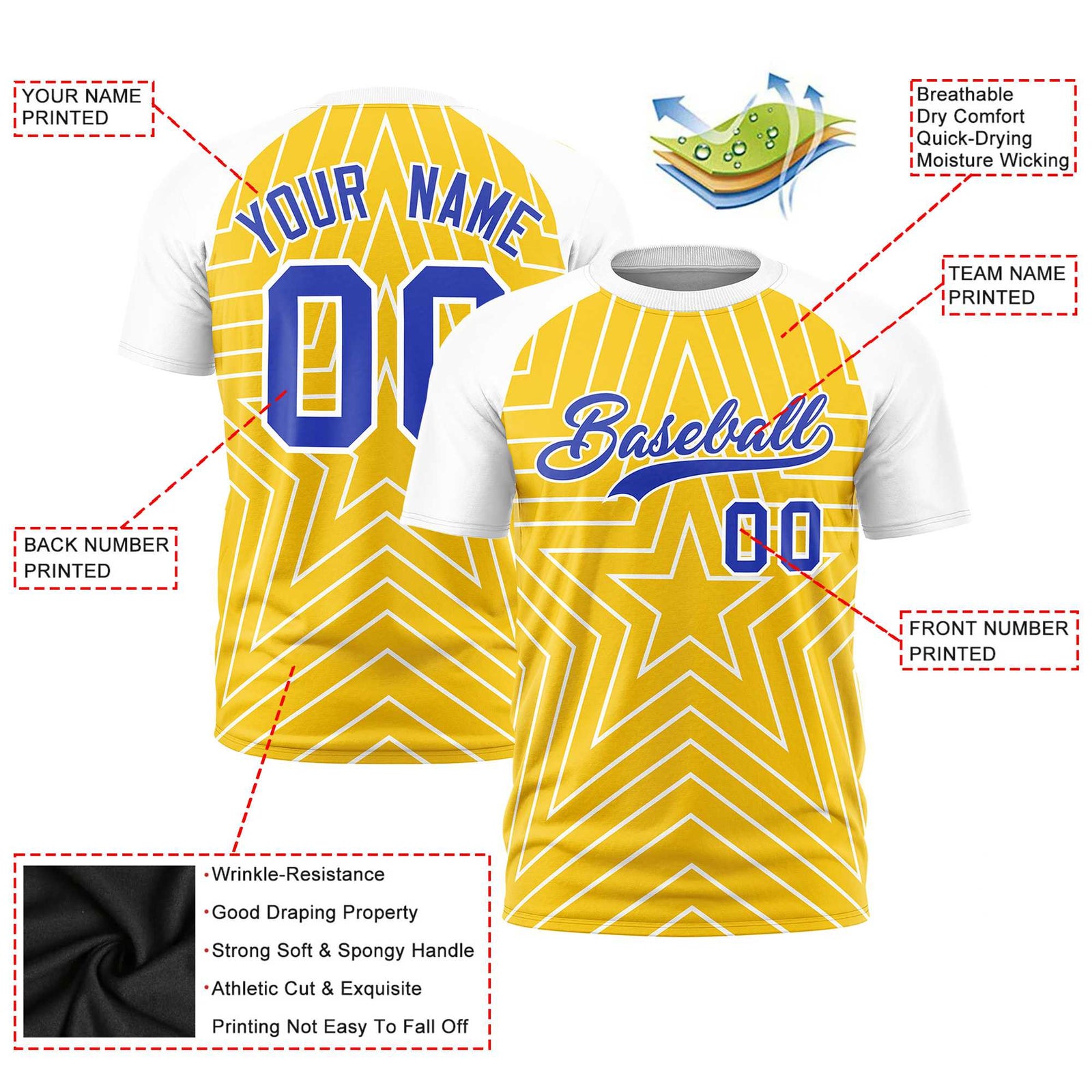 Custom Gold White Personalized Star Pattern Raglan Sleeves Performance T-Shirt