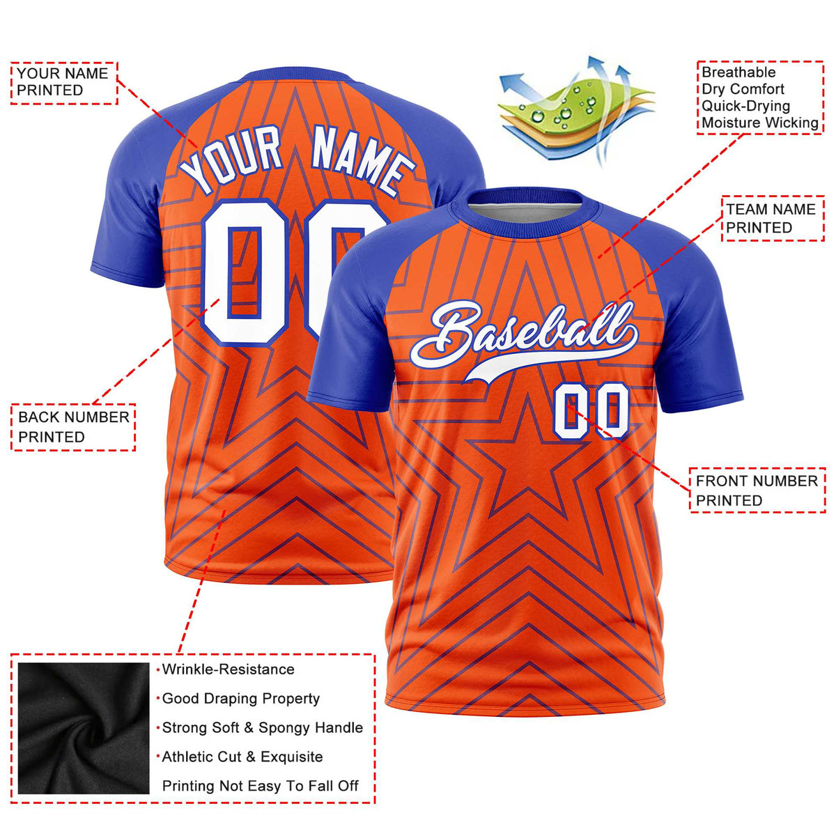 Custom Orange Royal Blue Personalized Star Pattern Raglan Sleeves Performance T-Shirt