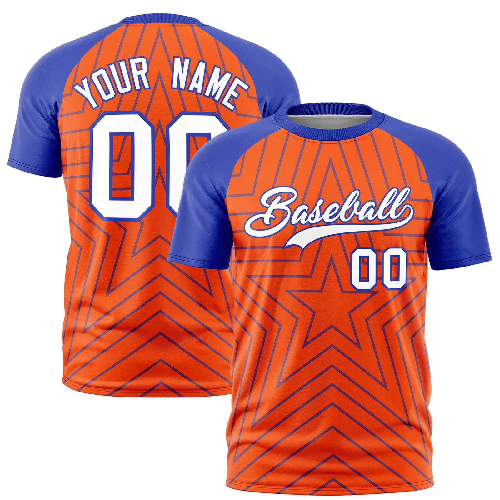 Custom Orange Royal Blue Personalized Star Pattern Raglan Sleeves Performance T-Shirt