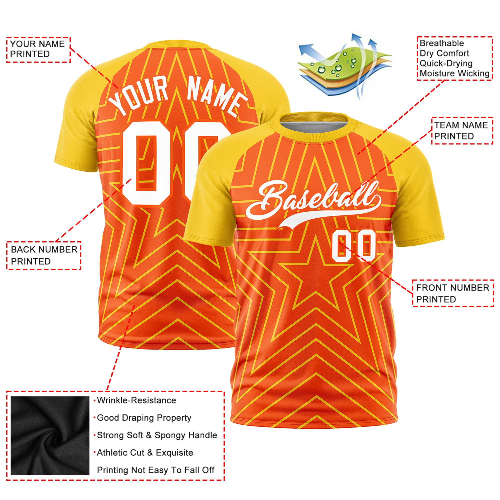 Custom Orange Gold Personalized Star Pattern Raglan Sleeves Performance T-Shirt