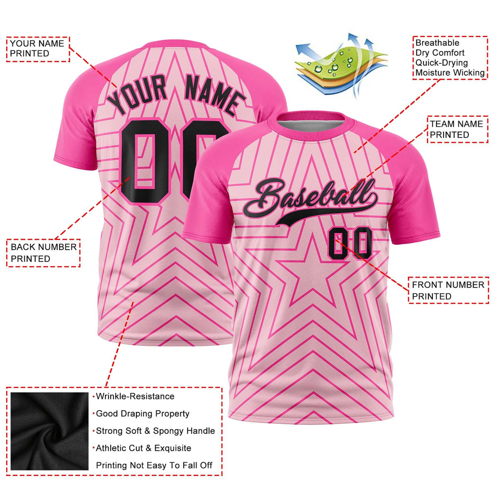 Custom Light Pink Pink Personalized Star Pattern Raglan Sleeves Performance T-Shirt