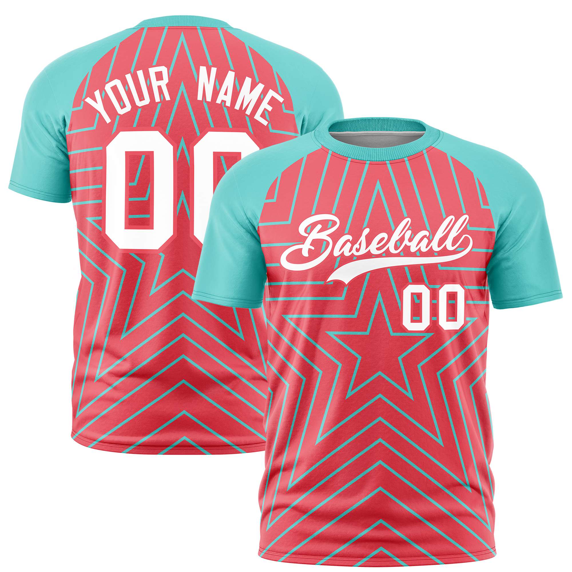 Custom Light Red Bright Green Personalized Star Pattern Raglan Sleeves Performance T-Shirt