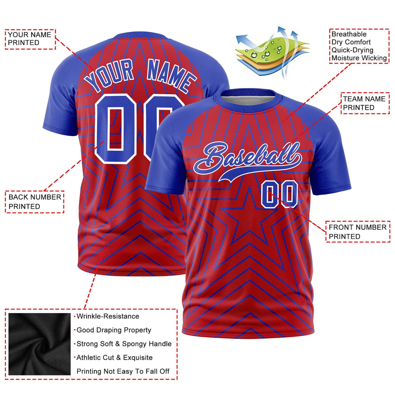 Custom Red Royal Blue Personalized Star Pattern Raglan Sleeves Performance T-Shirt