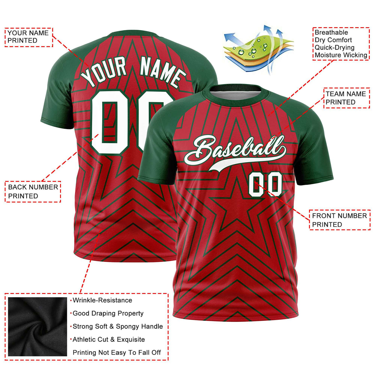 Custom Red Green Personalized Star Pattern Raglan Sleeves Performance T-Shirt