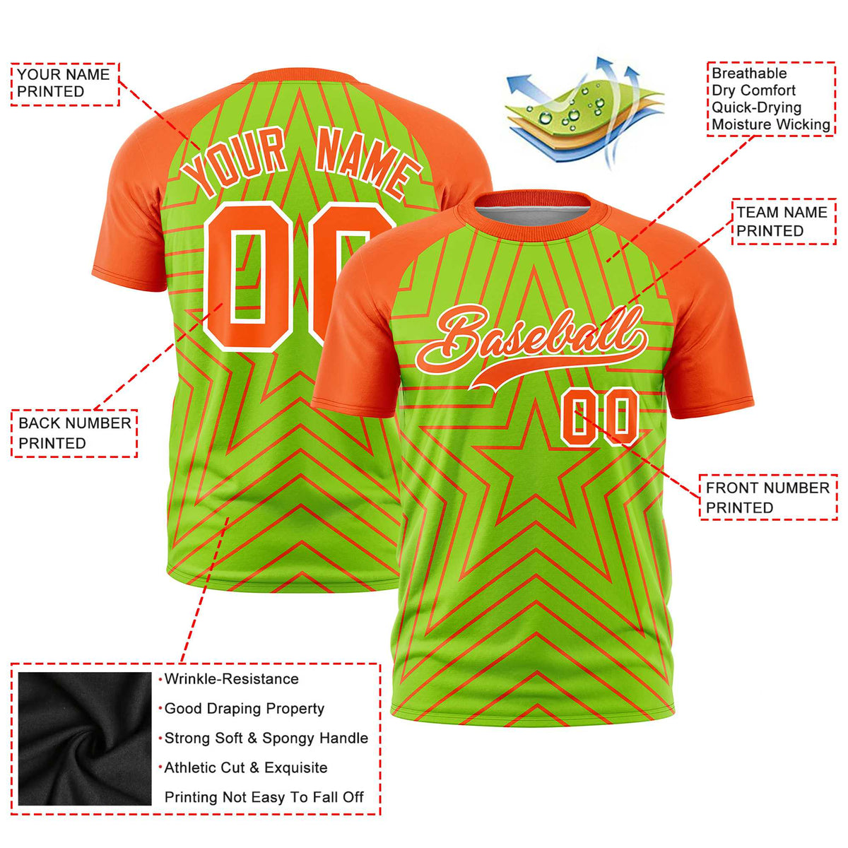 Custom Neon Green Orange Personalized Star Pattern Raglan Sleeves Performance T-Shirt