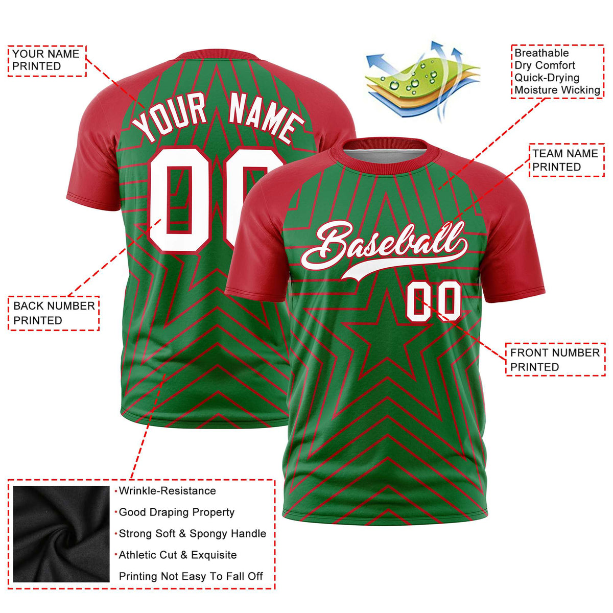 Custom Kelly Green Red Personalized Star Pattern Raglan Sleeves Performance T-Shirt