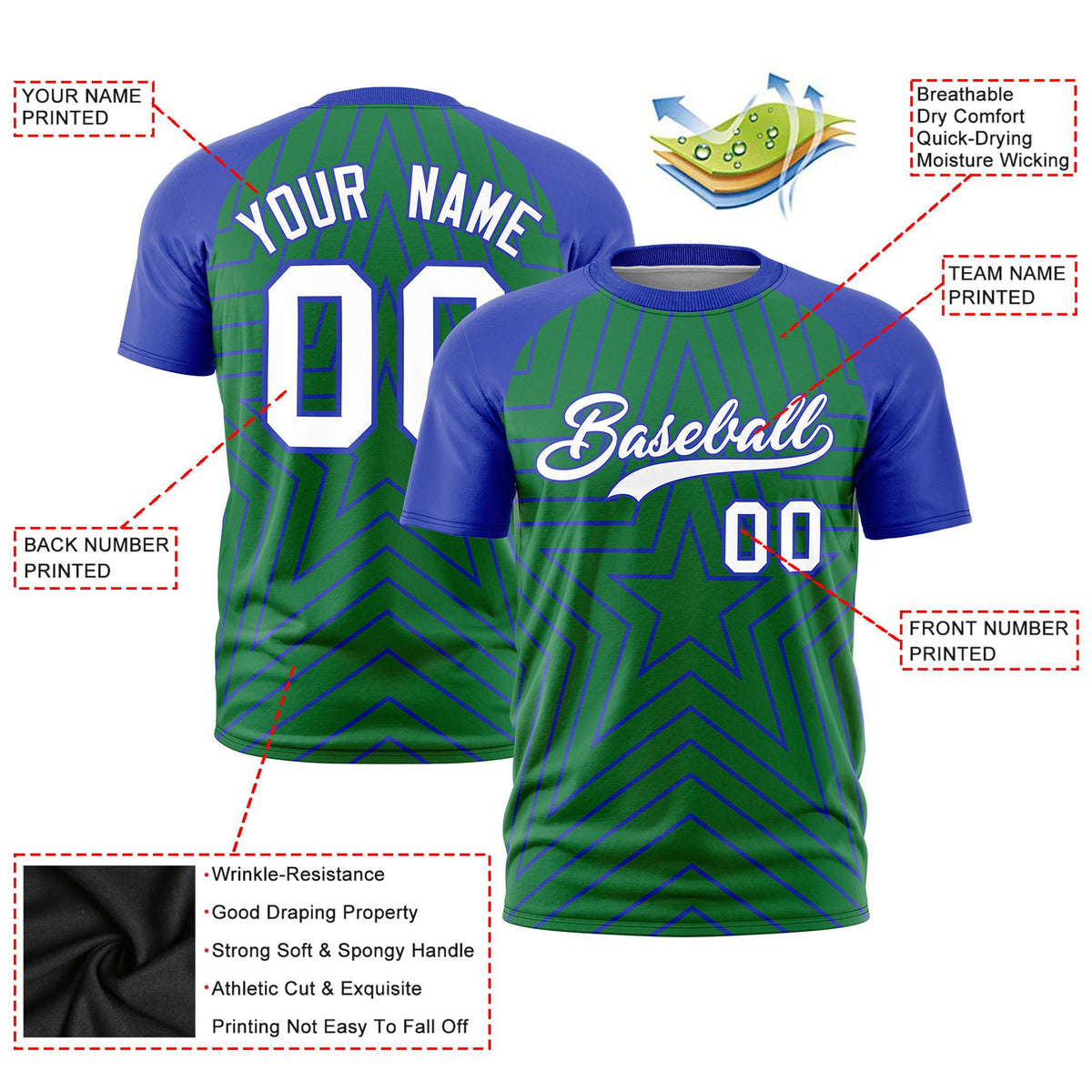 Custom Kelly Green Royal Blue Personalized Star Pattern Raglan Sleeves Performance T-Shirt