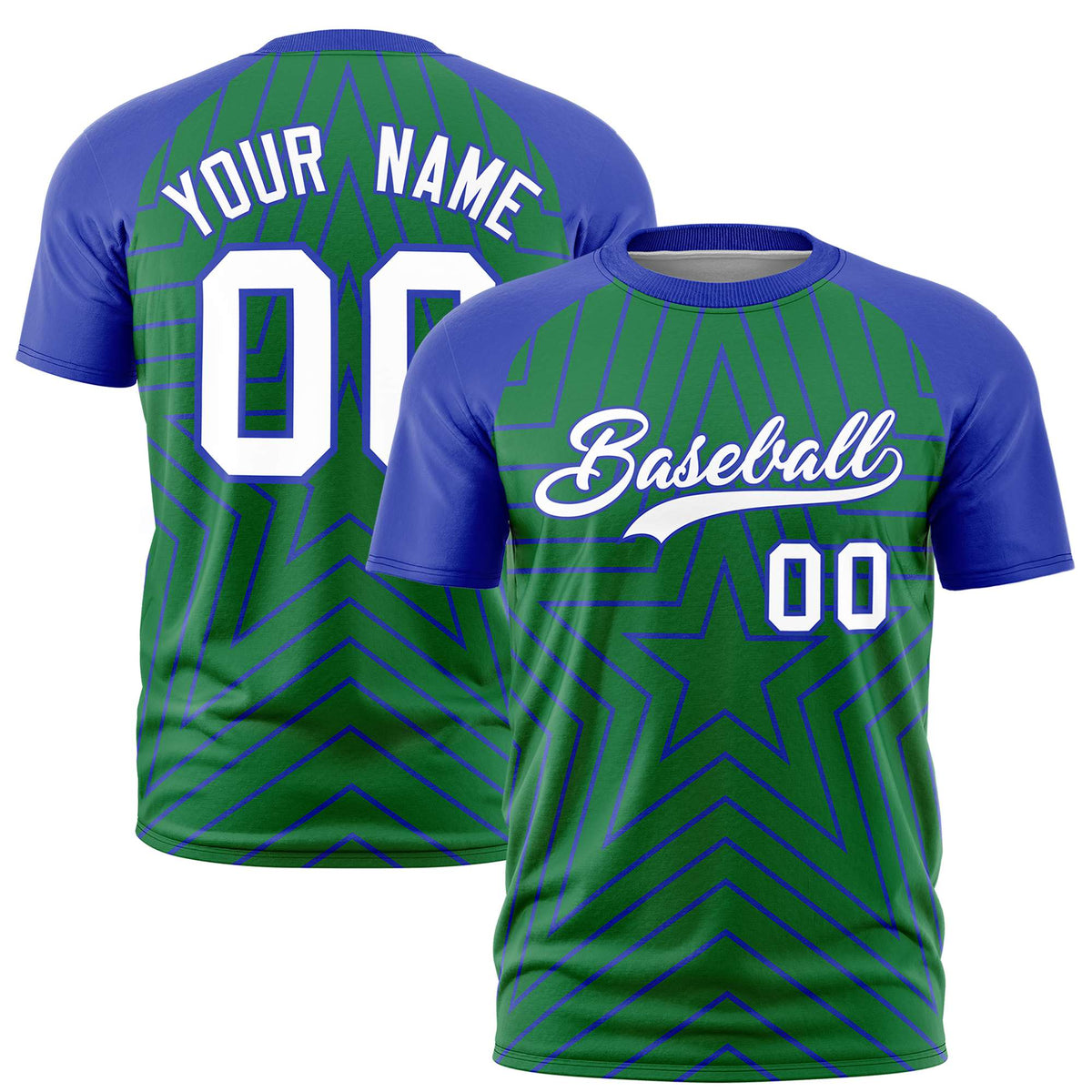 Custom Kelly Green Royal Blue Personalized Star Pattern Raglan Sleeves Performance T-Shirt