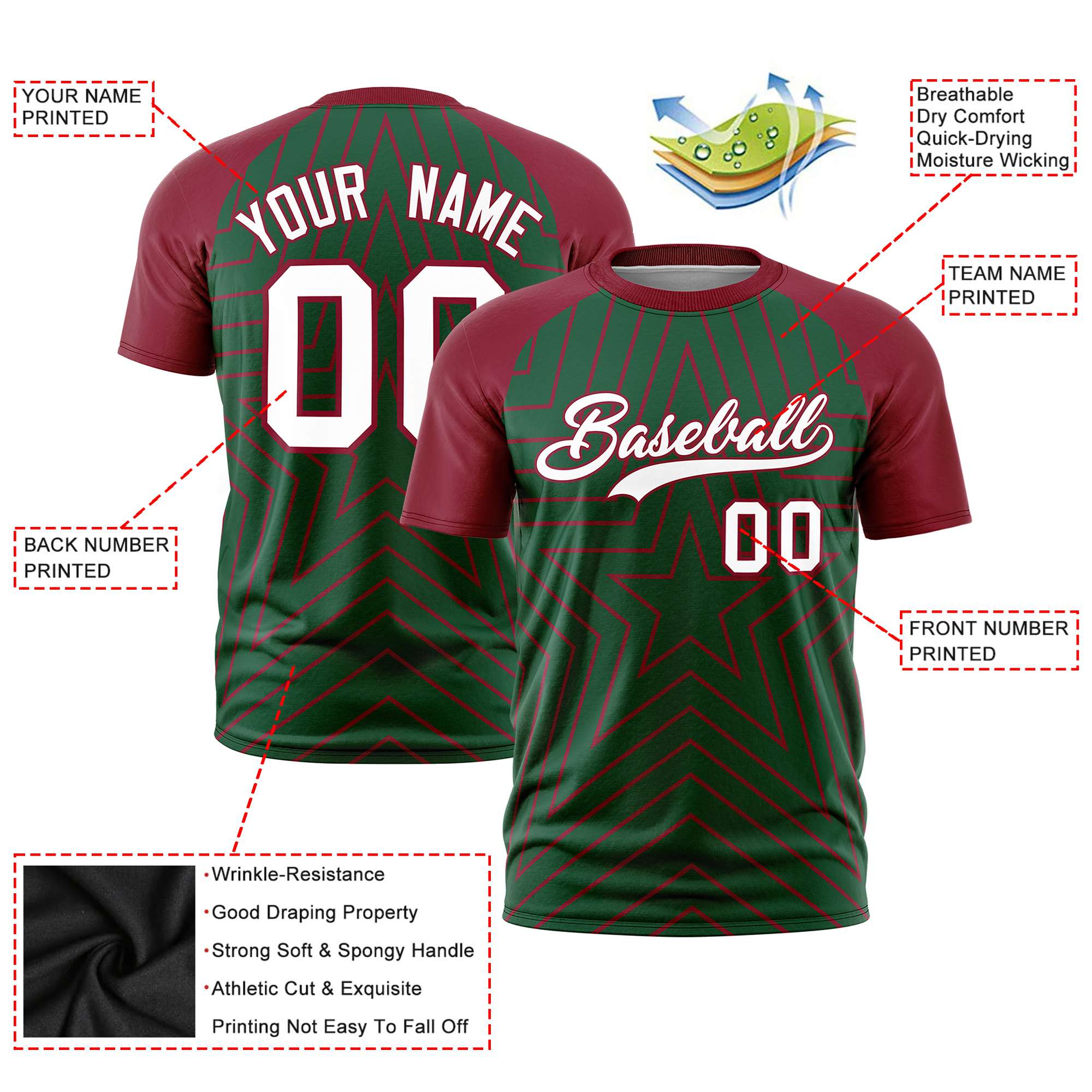 Custom Green Crimson Personalized Star Pattern Raglan Sleeves Performance T-Shirt