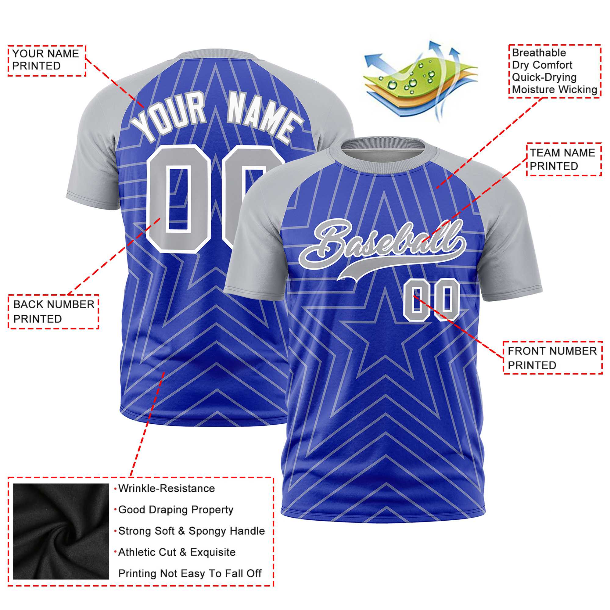 Custom Royal Blue Gray Personalized Star Pattern Raglan Sleeves Performance T-Shirt