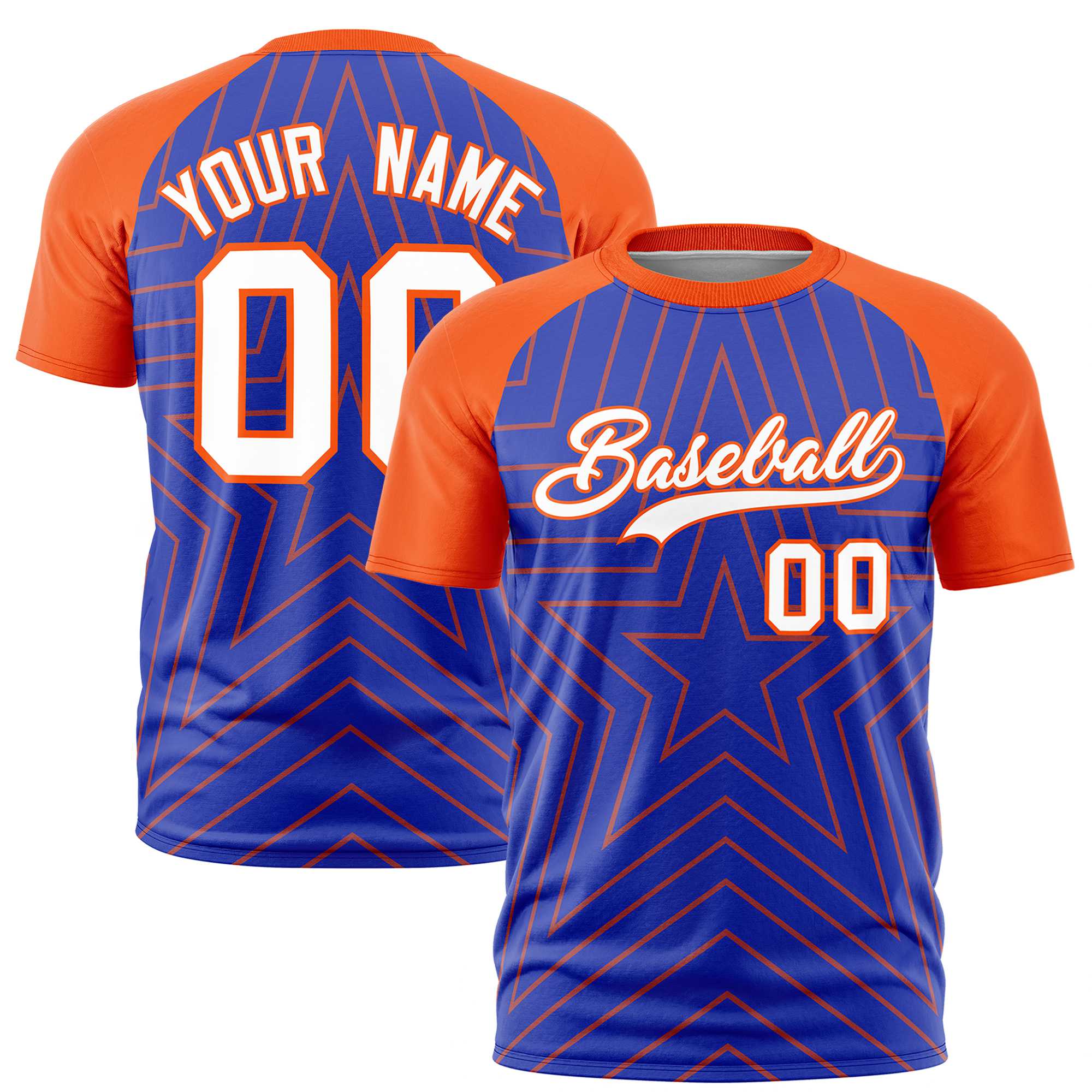 Custom Royal Blue Orange Personalized Star Pattern Raglan Sleeves Performance T-Shirt