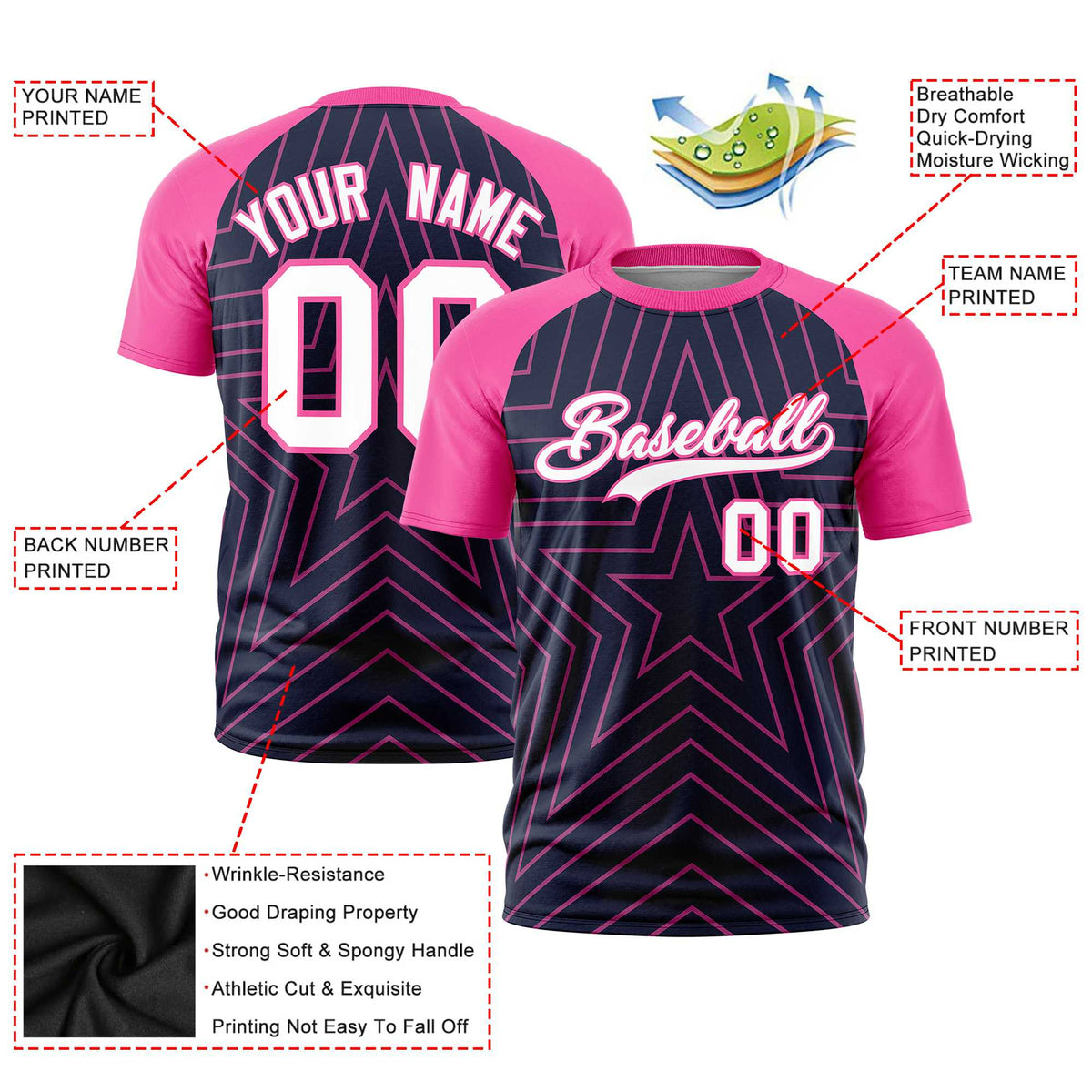 Custom Navy Pink Personalized Star Pattern Raglan Sleeves Performance T-Shirt