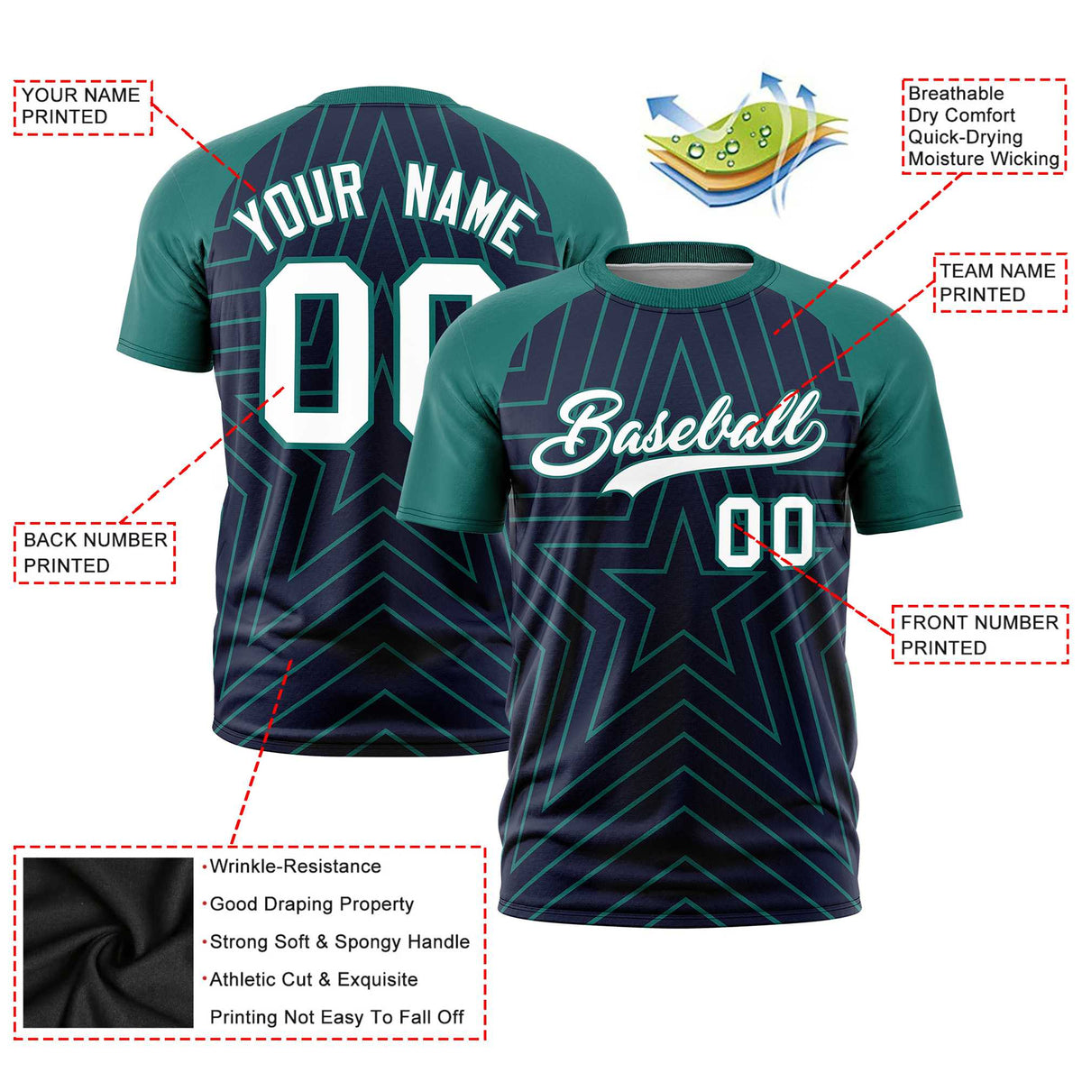 Custom Navy Aqua Personalized Star Pattern Raglan Sleeves Performance T-Shirt