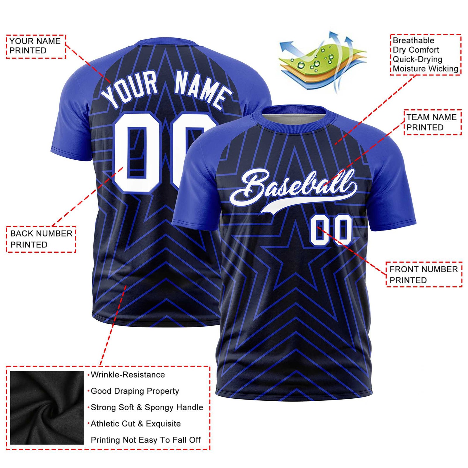 Custom Navy Royal Blue Personalized Star Pattern Raglan Sleeves Performance T-Shirt