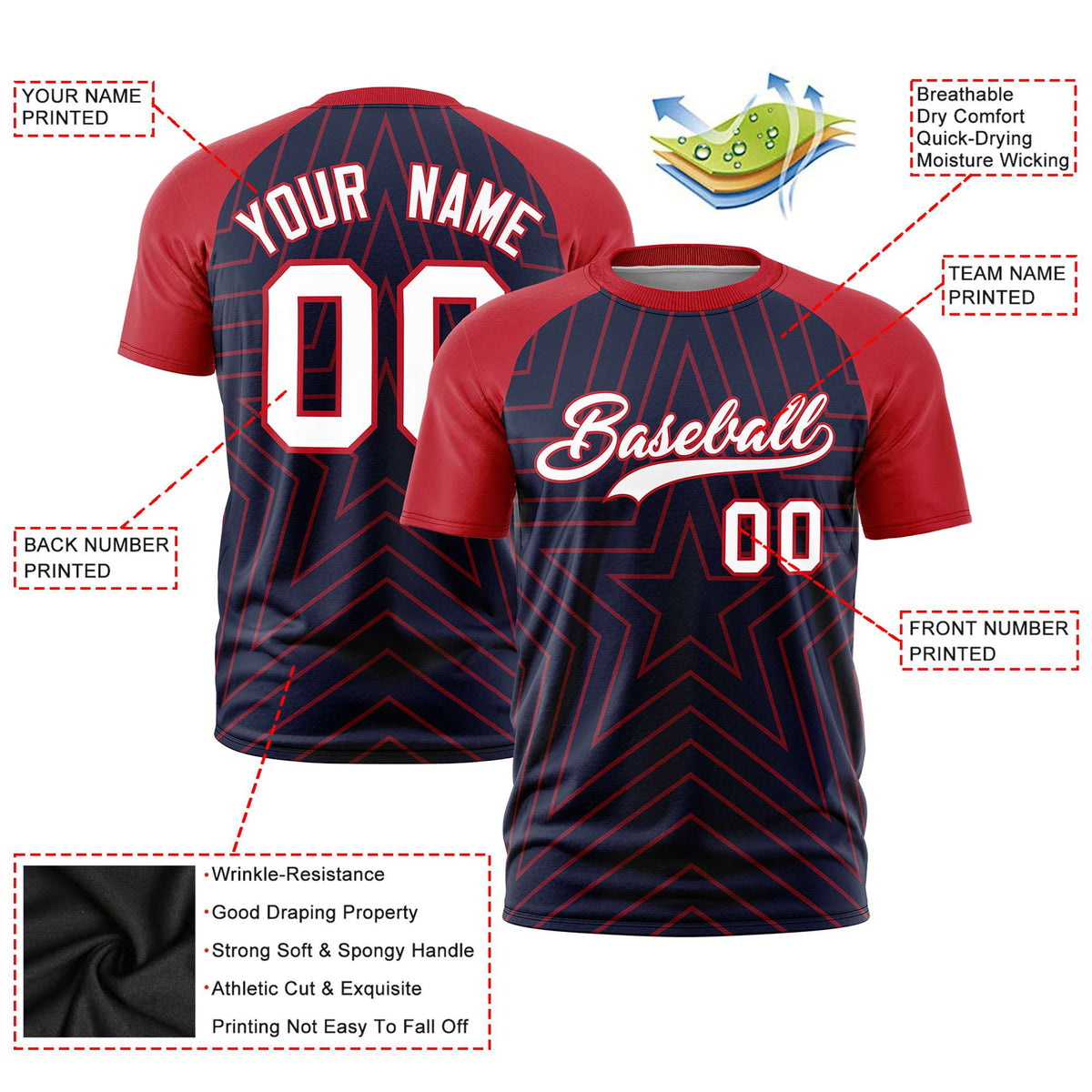 Custom Navy Red Personalized Star Pattern Raglan Sleeves Performance T-Shirt