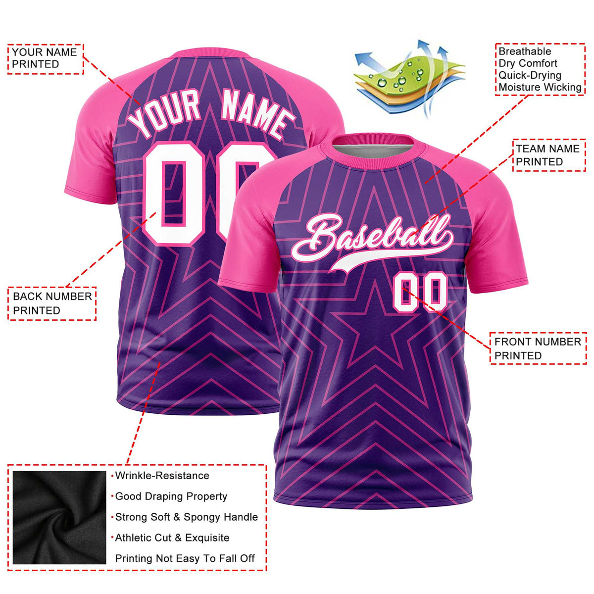 Custom Purple Pink Personalized Star Pattern Raglan Sleeves Performance T-Shirt