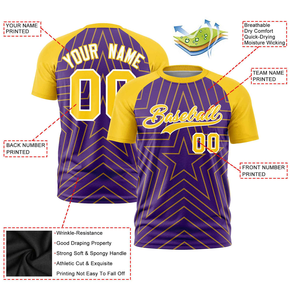 Custom Purple Gold Personalized Star Pattern Raglan Sleeves Performance T-Shirt