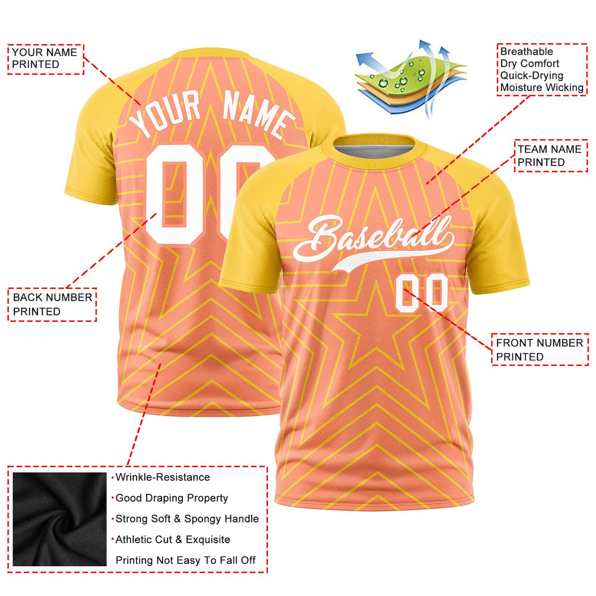 Custom Light Orange Gold Personalized Star Pattern Raglan Sleeves Performance T-Shirt