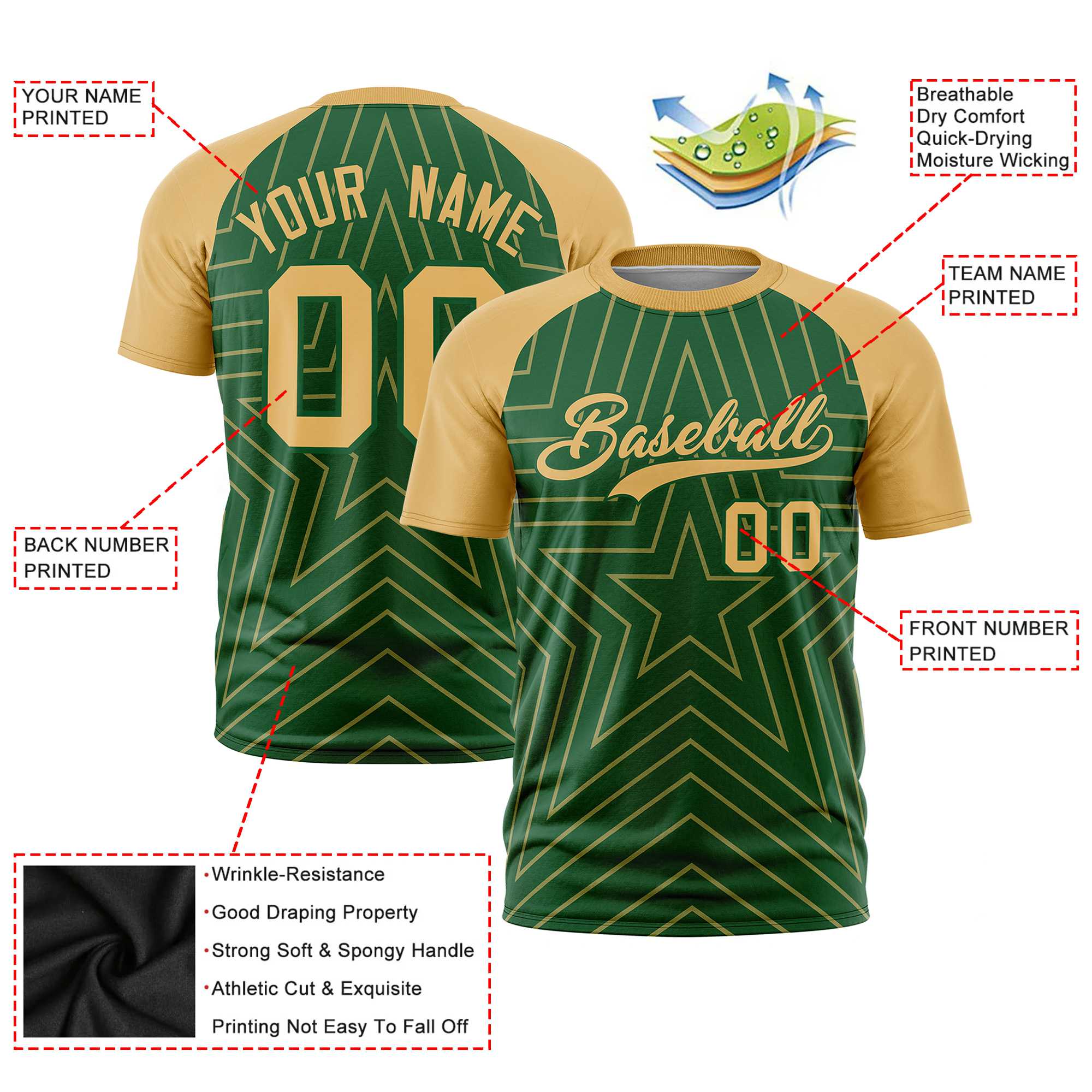 Custom Green Old Gold Personalized Star Pattern Raglan Sleeves Performance T-Shirt