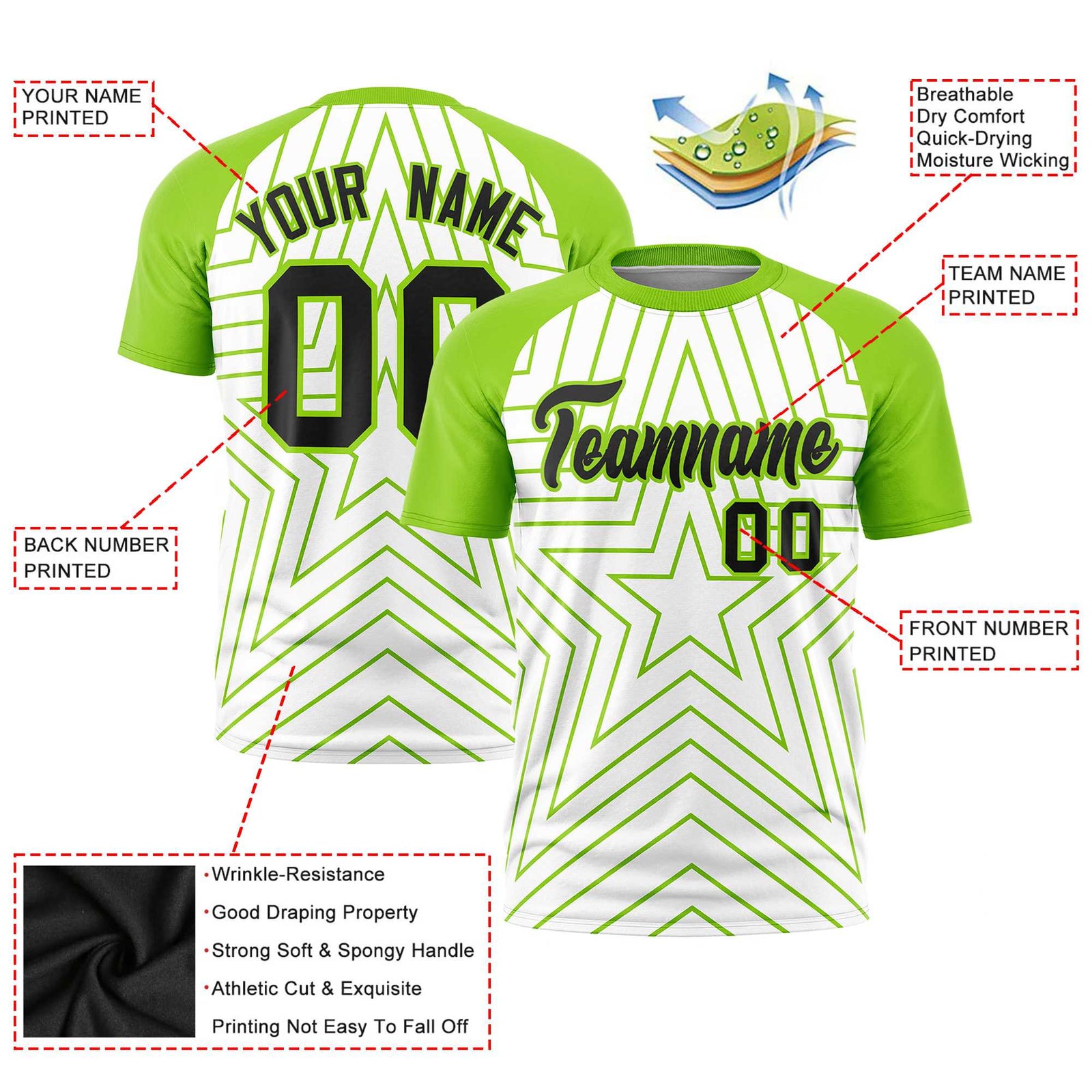 Custom White Neon Green Personalized Star Pattern Raglan Sleeves Performance T-Shirt