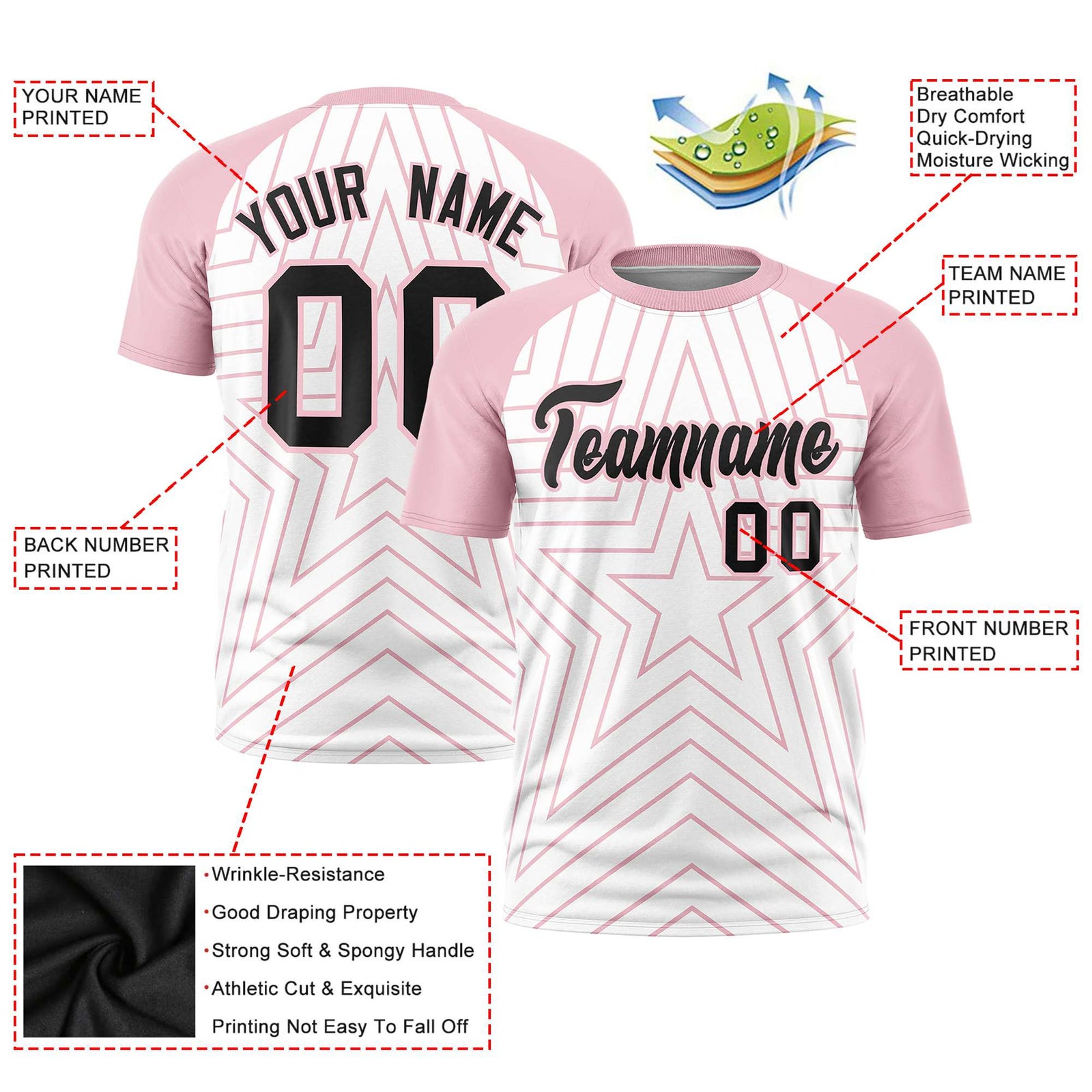 Custom White Light Pink Personalized Star Pattern Raglan Sleeves Performance T-Shirt