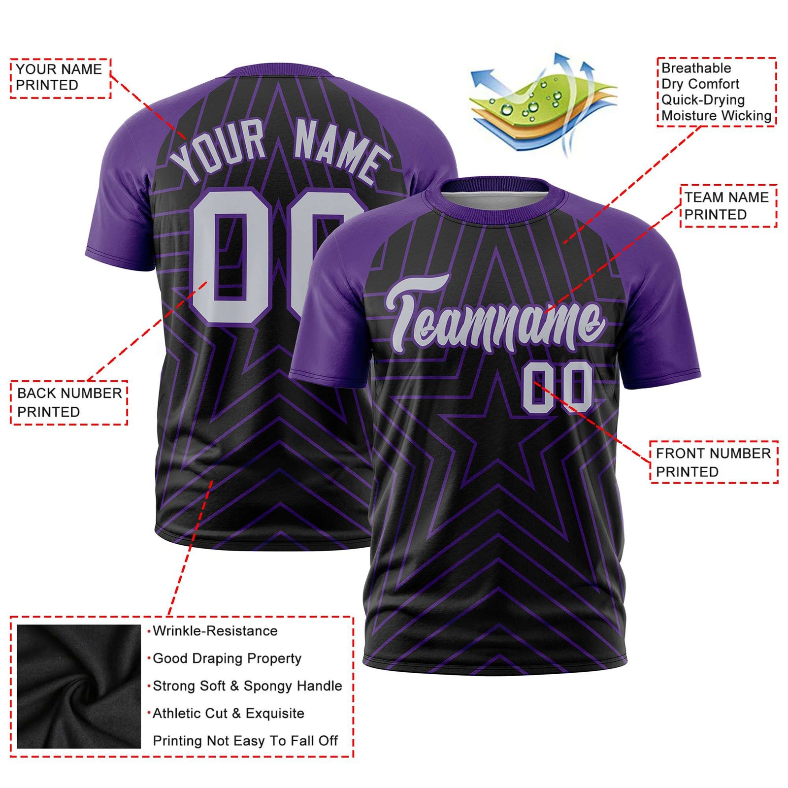 Custom Black Purple Personalized Star Pattern Raglan Sleeves Performance T-Shirt