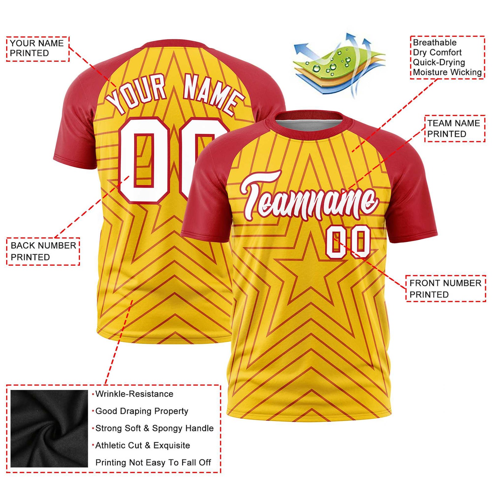 Custom Gold Red Personalized Star Pattern Raglan Sleeves Performance T-Shirt