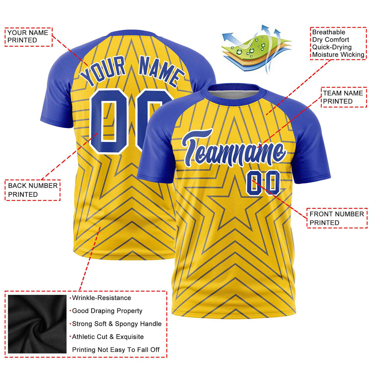 Custom Gold Royal Blue Personalized Star Pattern Raglan Sleeves Performance T-Shirt