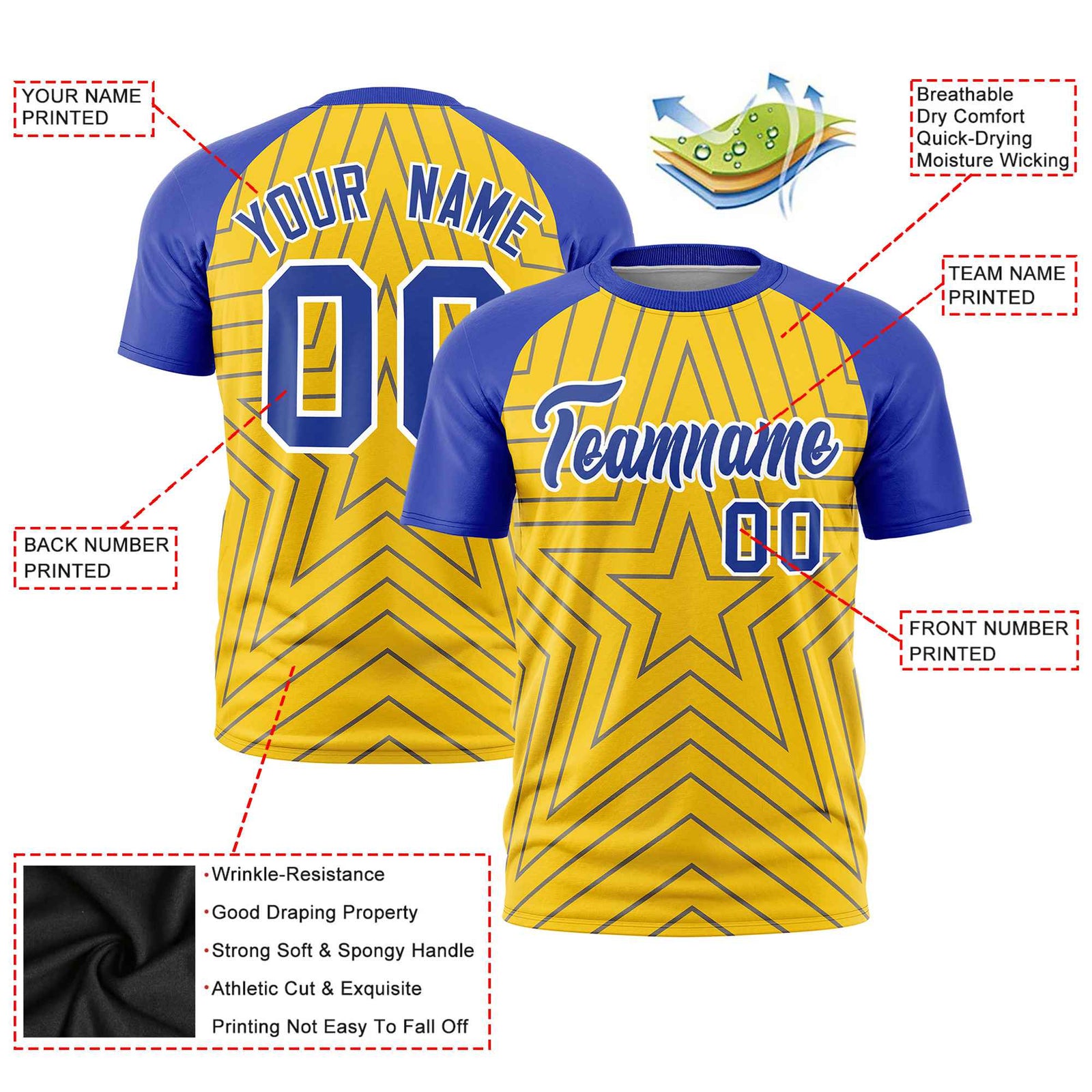 Custom Gold Royal Blue Personalized Star Pattern Raglan Sleeves Performance T-Shirt